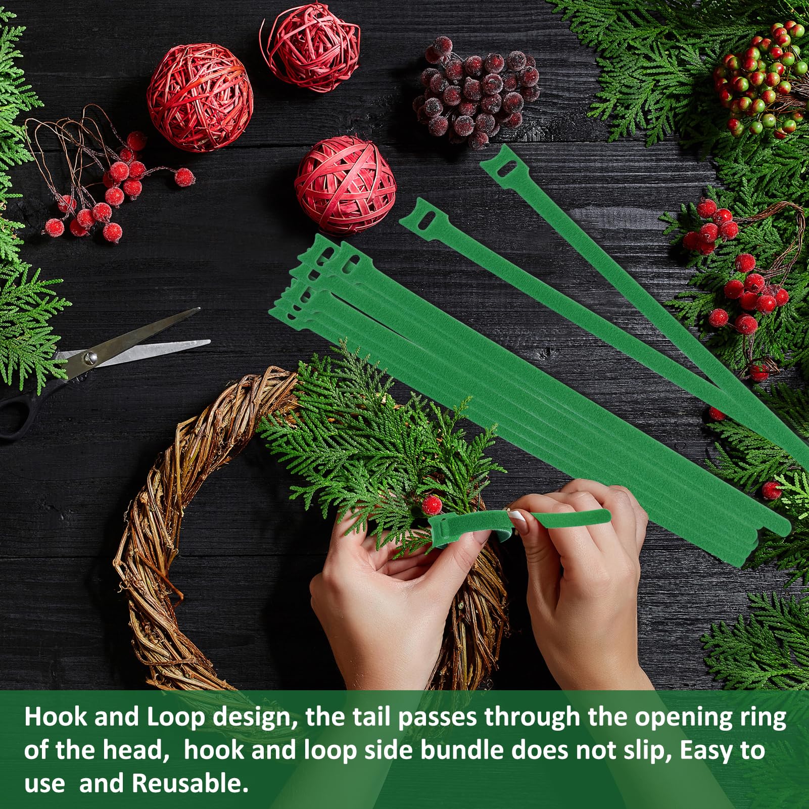 80Pcs Christmas Garland Ties,Green Hook and Loop Adjustable Holiday Decoration Ties Reusable Nylon Garden Plant Cable Strap for Wreath Garland Making Xmas Tree Door Banister Stairway Decoration - Image 4