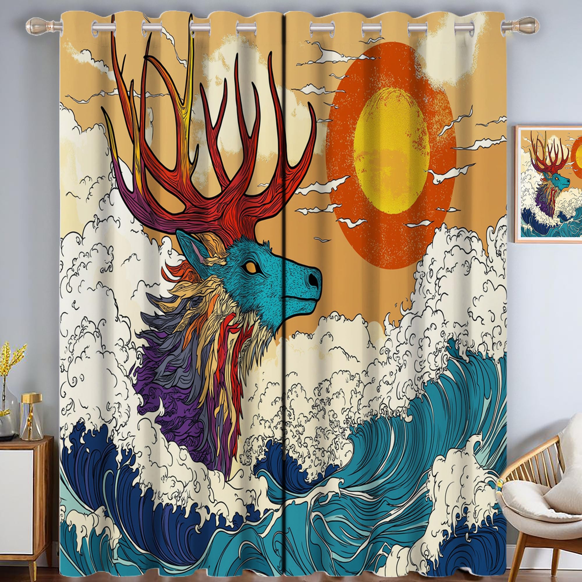 Rideaux vagues animaux cerfs pop art opaques thermiques 2x 140x240cm