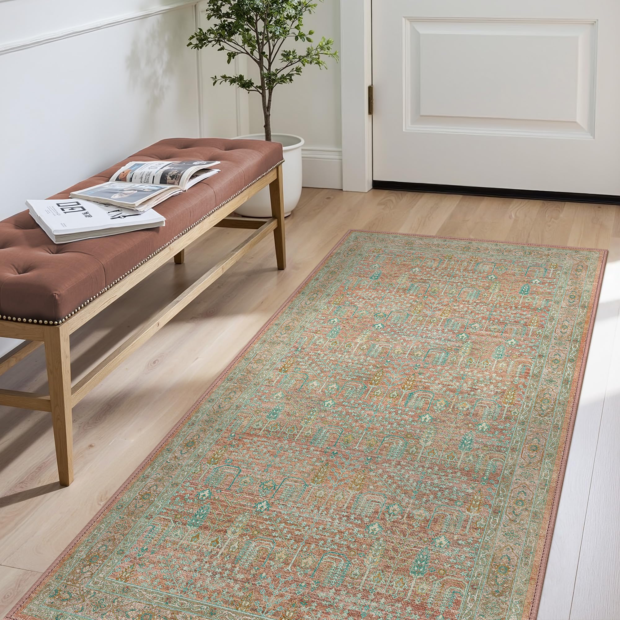 GENIMO Persian Hallway Runner, 80 X 150 cm Corridor Area Rugs Long Floor Carpet Hall Kitchen Bathroom Washable, Vintage Pink Teal