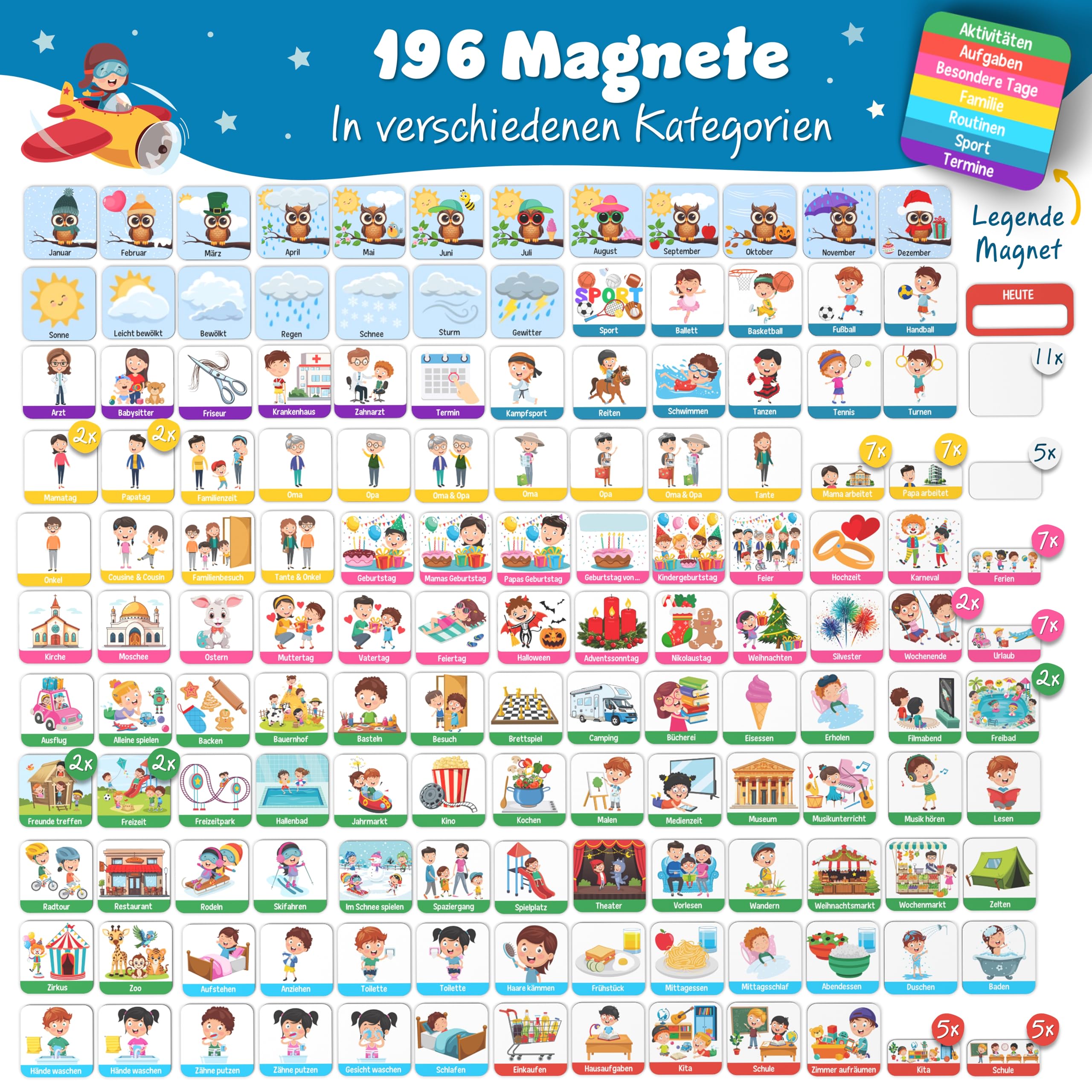 YOURGANIZE® 2-in-1 Wochenplaner und Tagesplaner für Kinder - inkl. 196 Magnete + 160 Sticker zum Personalisieren - Routine Planer Kinder