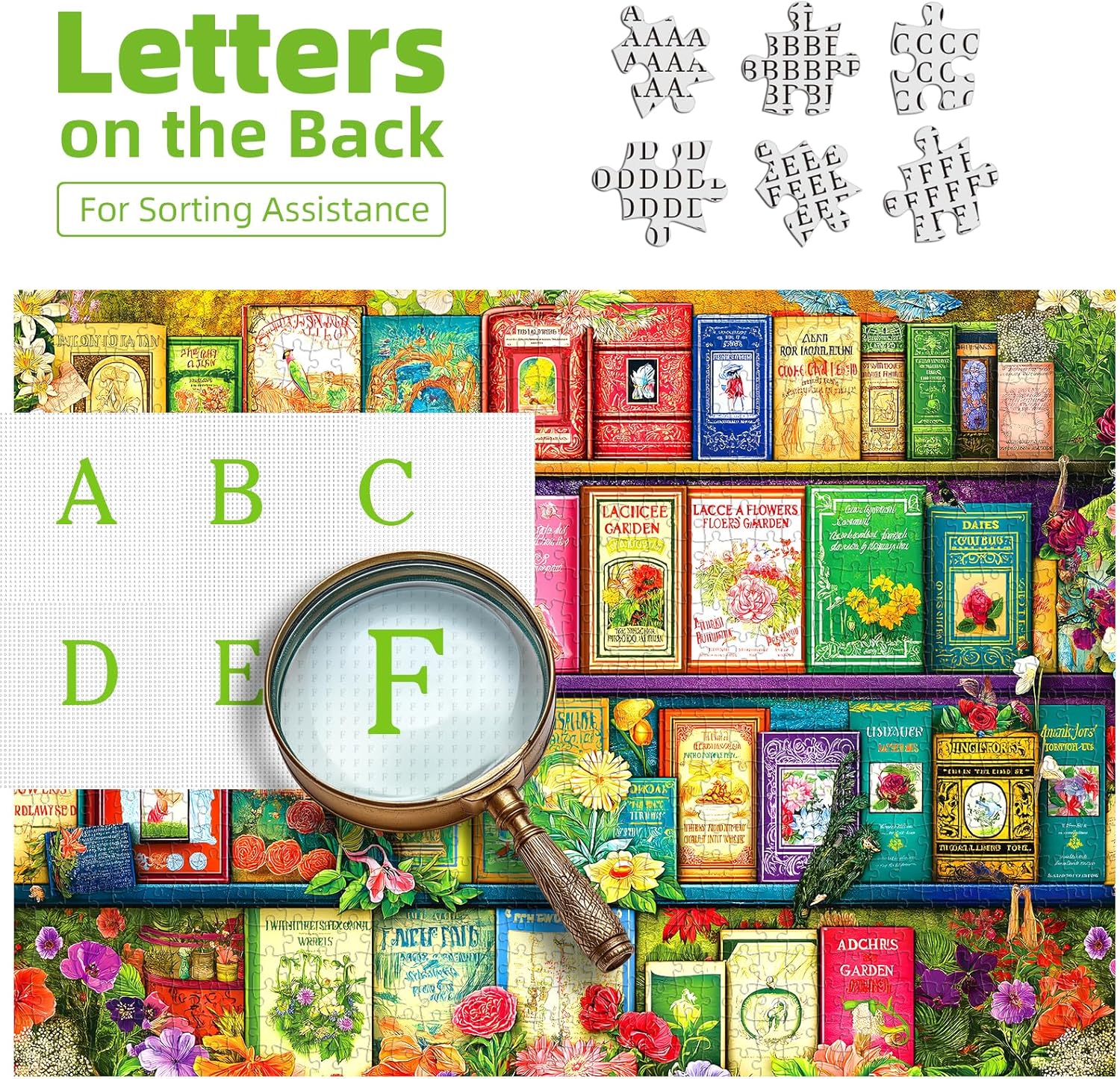 Floral Antique Bookshelf 1000 Piece Puzzle for Adults, Fun Puzzles for Adults 1000 Pieces with HD Print Poster, 27.5" X 19.7" Dust Free, for Gifts Birthday Holiday Party Family Games Lovers