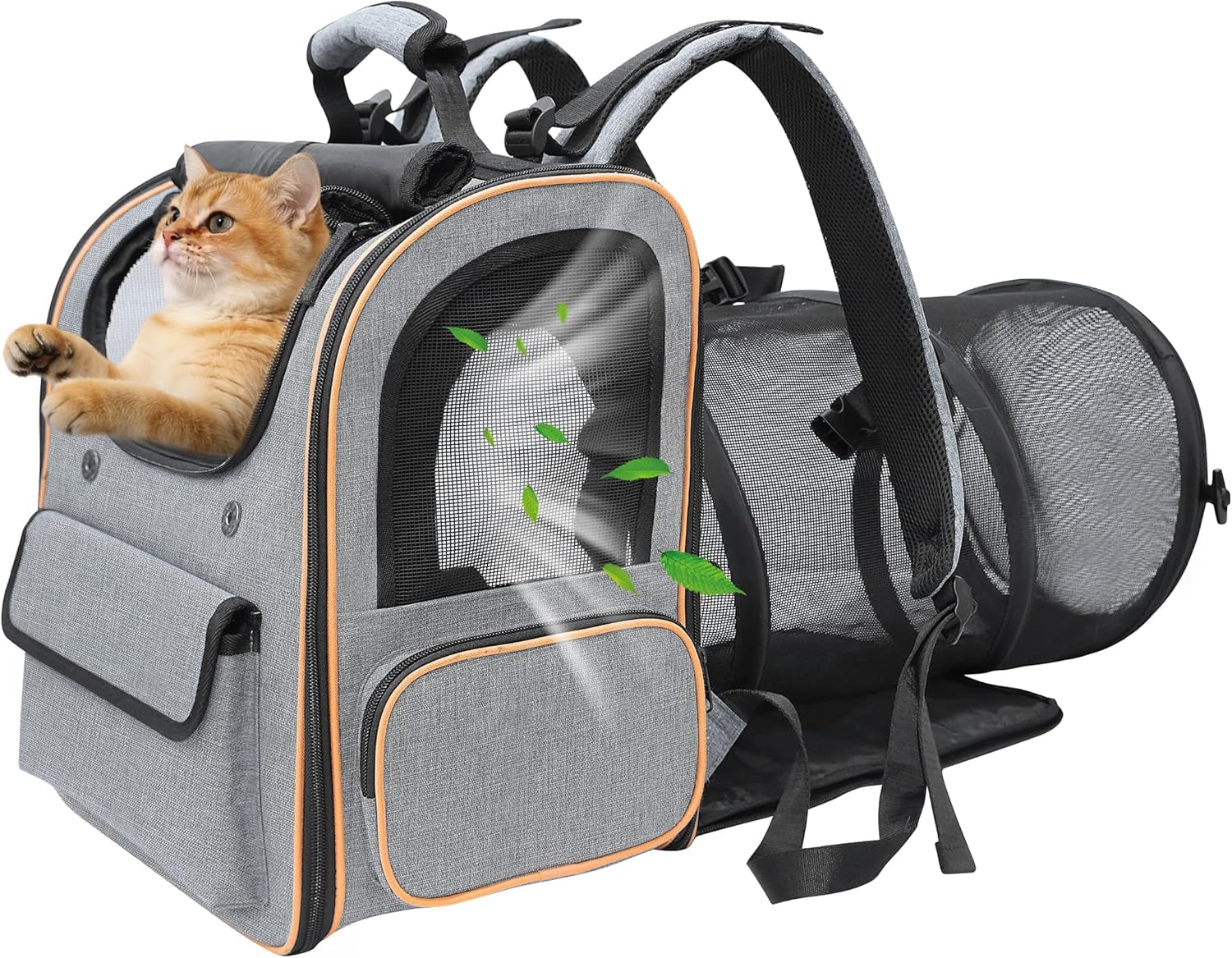 Expandable Cat Carriers for Cats and Small Dogs,Travel Bag with Breathable Mesh Windows, Anti-Escape Leash, Soft Cushion and Lightweight Design,Gray Orange