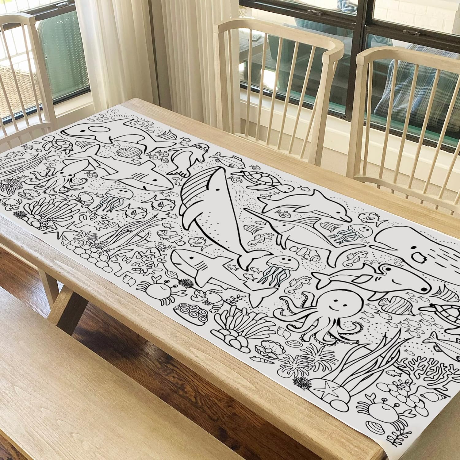 Tiny Expressions Under The Sea Coloring Tablecloth - Rolled, No Creases 30" x 72" Large Coloring Poster for Ocean-Themed Birthday - Sea Life Party Decorations