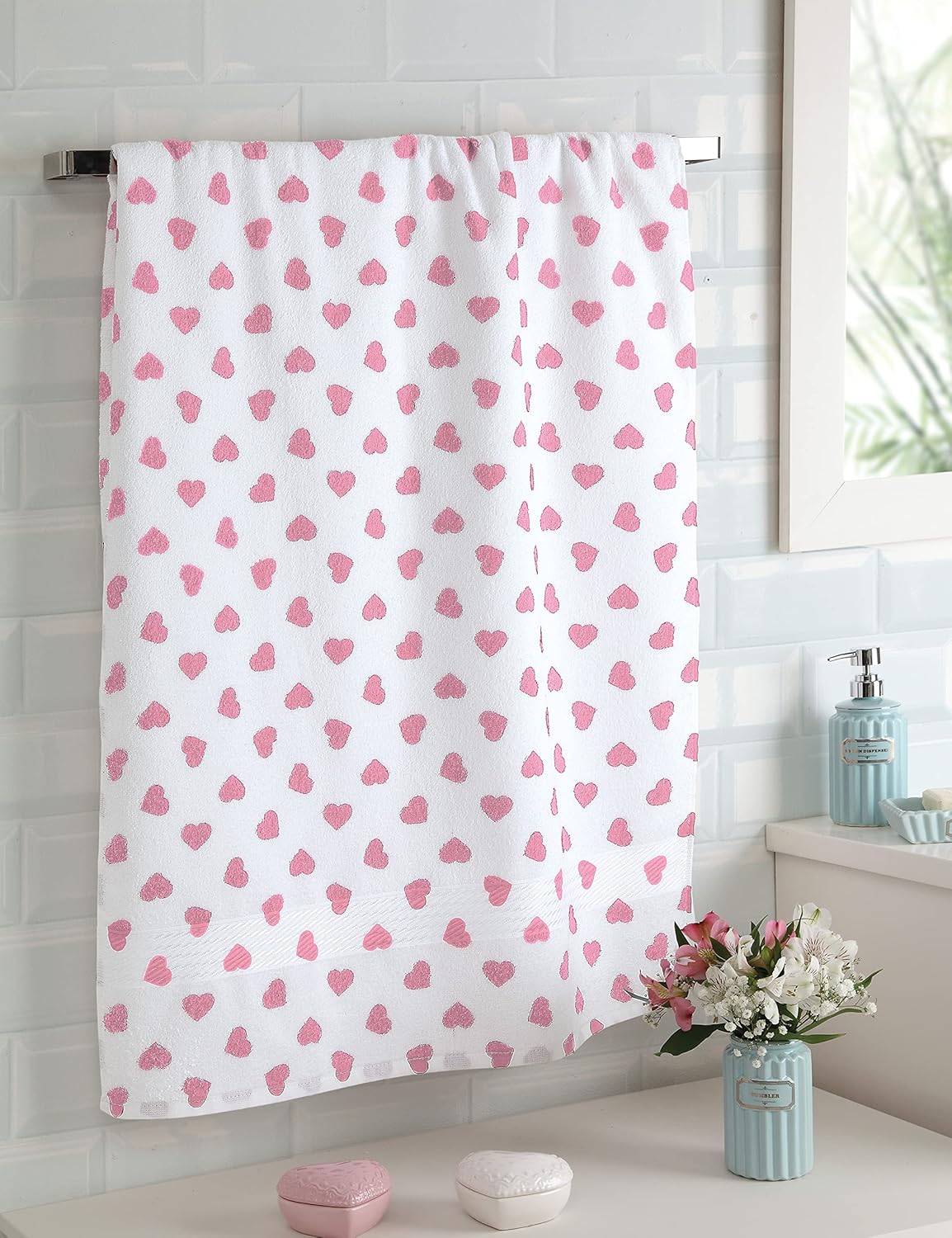 Cackleberry Home Hearts All Over Bathroom Cotton Terry Bath Towels 27 W x 54 L Inches, Set of 2 (Pink) - Image 5
