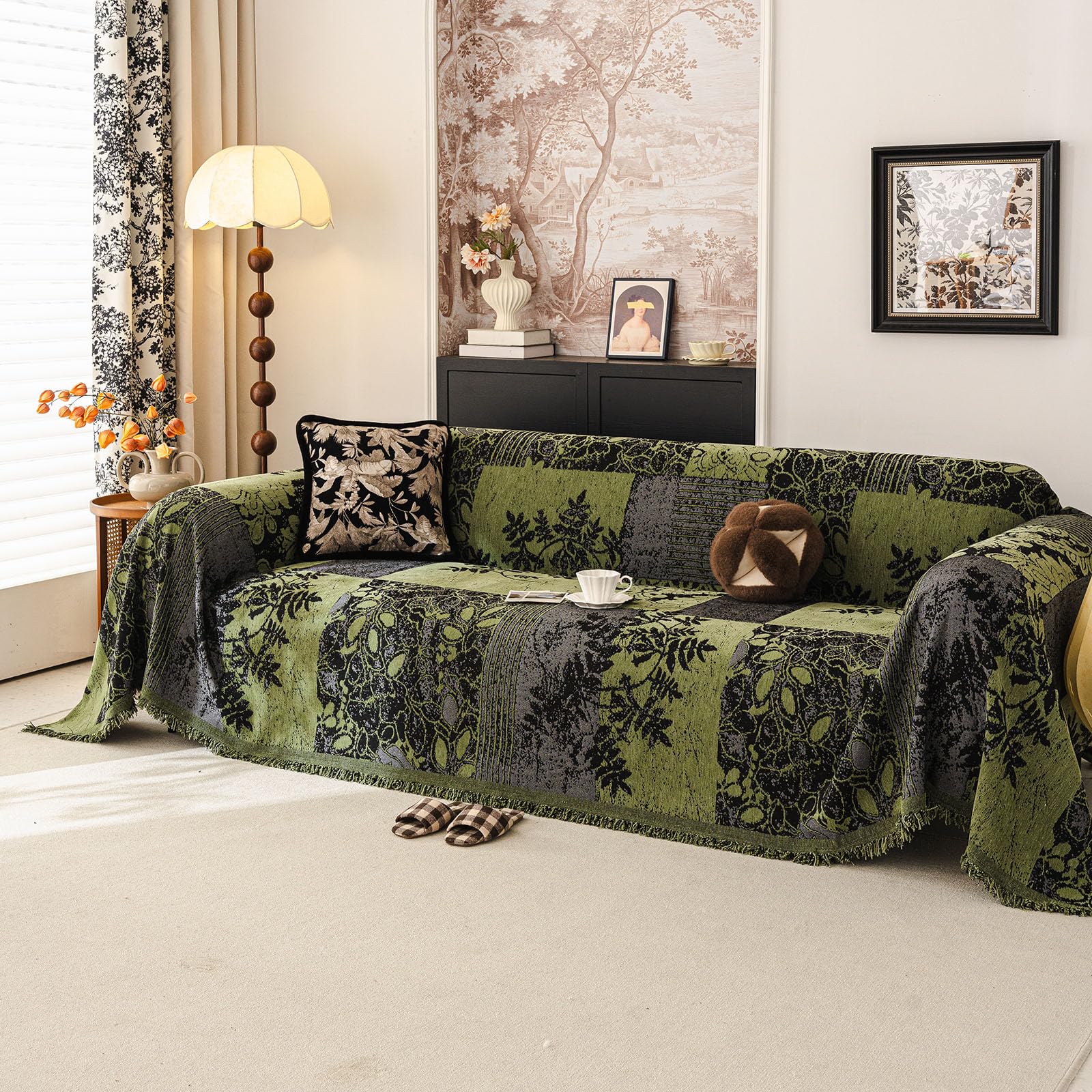 DREAMINGO Vintage Botanical Patchwork Sofa Cover French Country Style Couch Cover Blanket Washable Chenille Couch Sofa Covers for 3 Cushion Couch Living Room Decor, Green Grey & Black, 71"x150" โ image 1