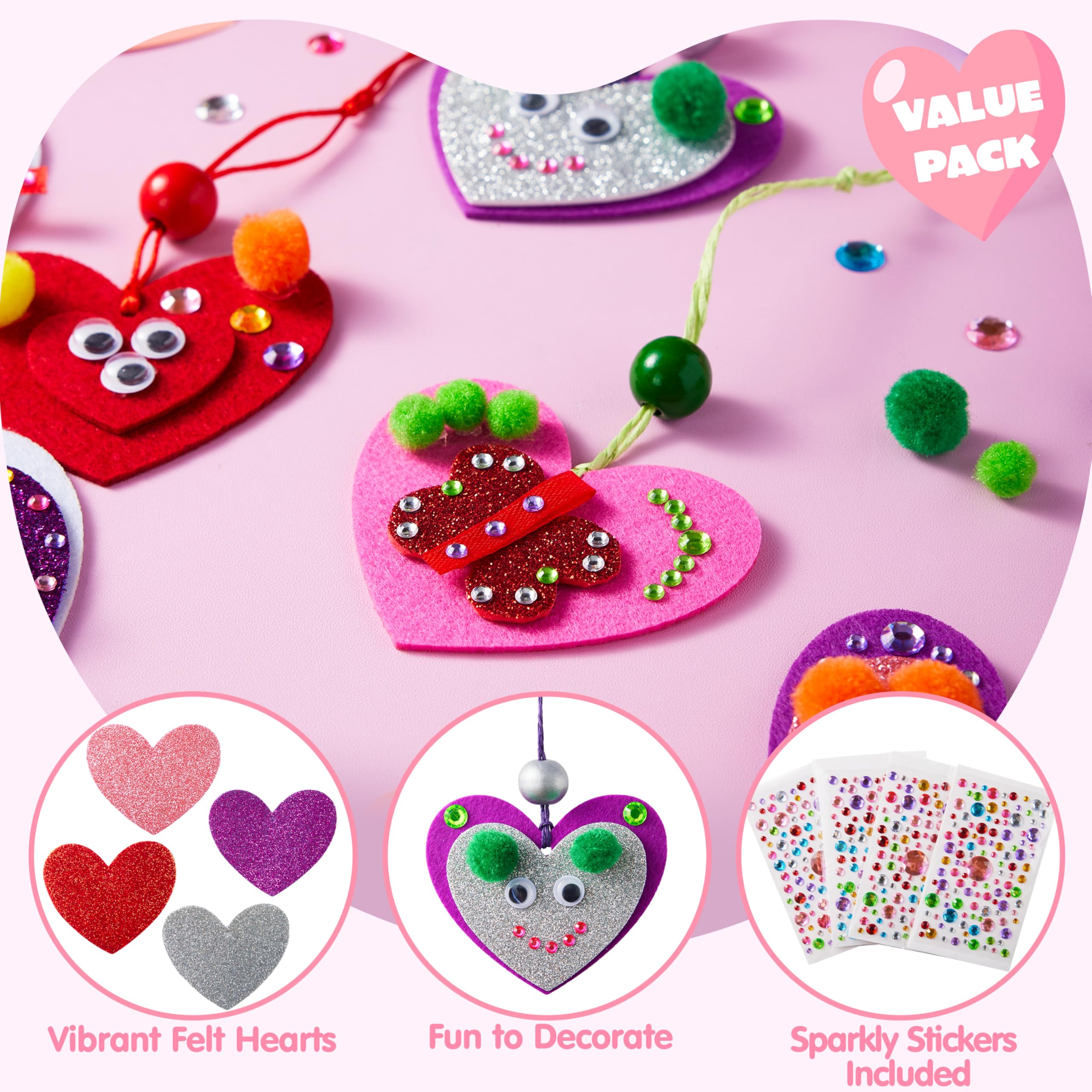 JOYIN Filz-Bastelset zum Selbermachen, Filz- und Glitzer-Herzen und Holzperlen, Kunststoffaugen und bunte Papierseile für Valentinstag, Kinder, Bastelaktivitäten, Partys, Klassenzimmer, Ornamente