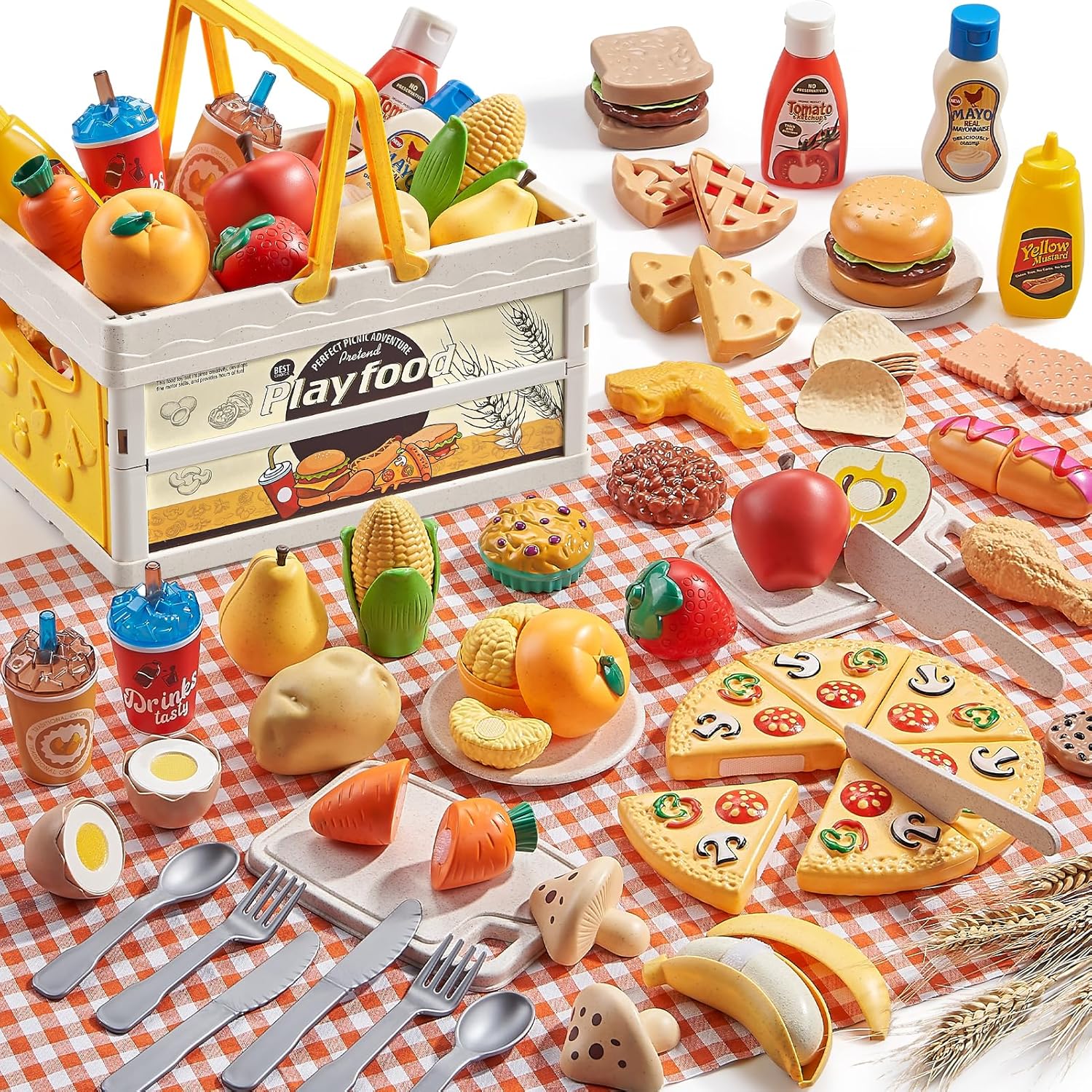 Wheat Straw Pretend Food Toys with Kids Picnic Basket and Picnic Blanket, Pretend Food with 2 Kids Picnic Basket