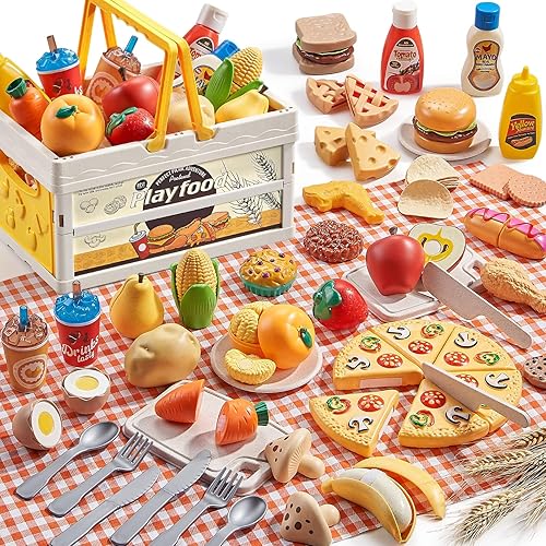 Miniatura 8 de Juegos de comida de juguete para la cocina de los niños, juguetes de comida de simulación de paja de trigo con cesta de picnic para niños y manta de