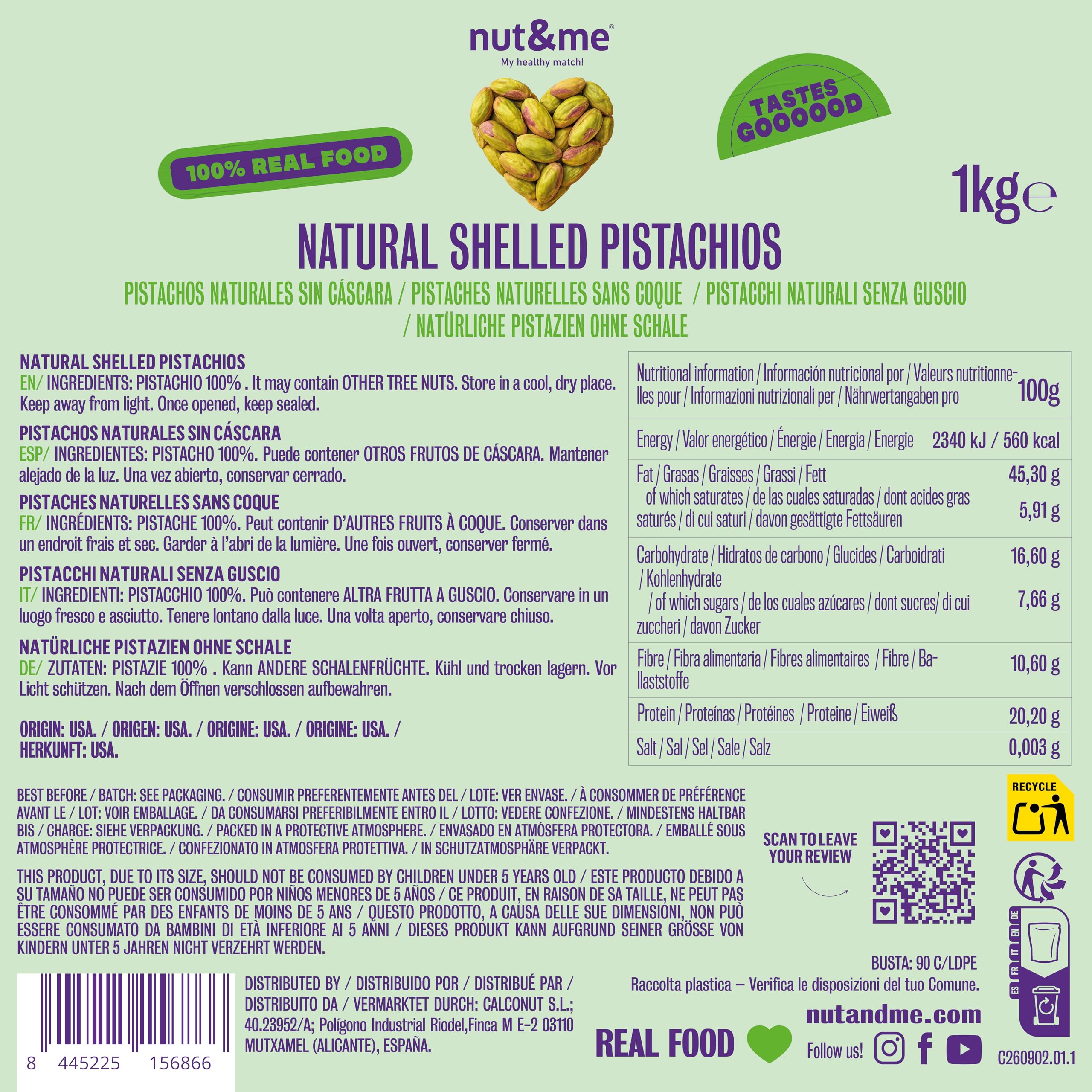 nut&me Pistacchi sgusciati qualitá Extra Premium 1 kg | Pistacchio intero, non salato, senza glutine e senza additivi | Ideale per snack, ricette dolci e salate e crema di pistacchio