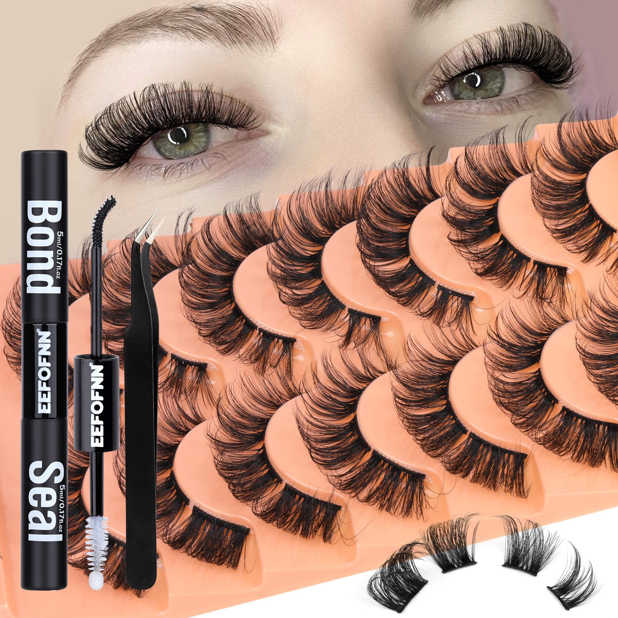 DIY Lash Extension Kit Natural Lash Clusters D-Curly Eyelash Extension Kit with Lash Bond and Seal Eyelashes Tweezers 9-16 mm Individual Lashes Kit DIY at Home by Eefofnn