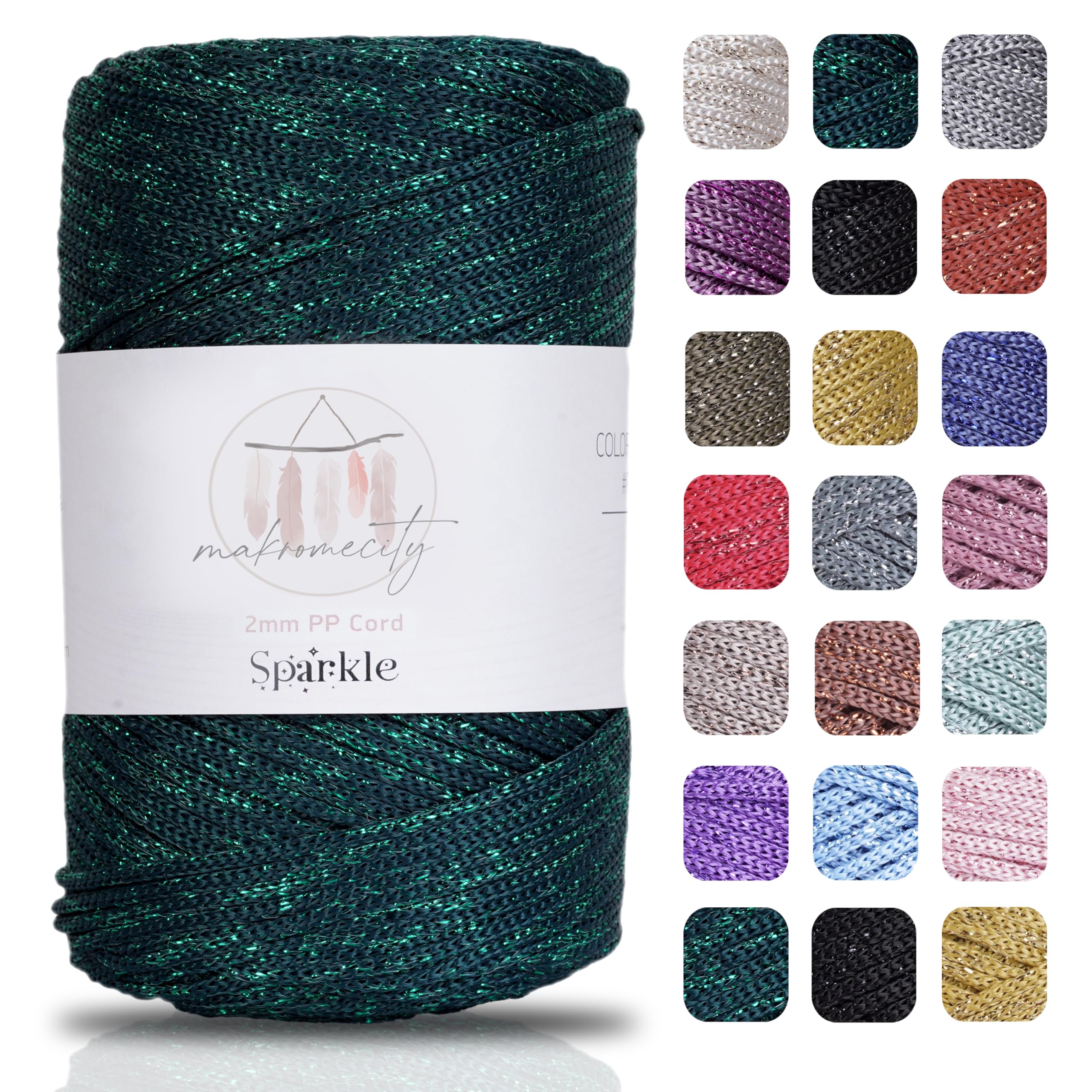 Makromecity Sparkle Polyester Macrame Cord, 2mm x 250 Yards (750 feet), Forest Green Sparkle, Polyester, Polypropylene, Macrame Cord, 5 cm