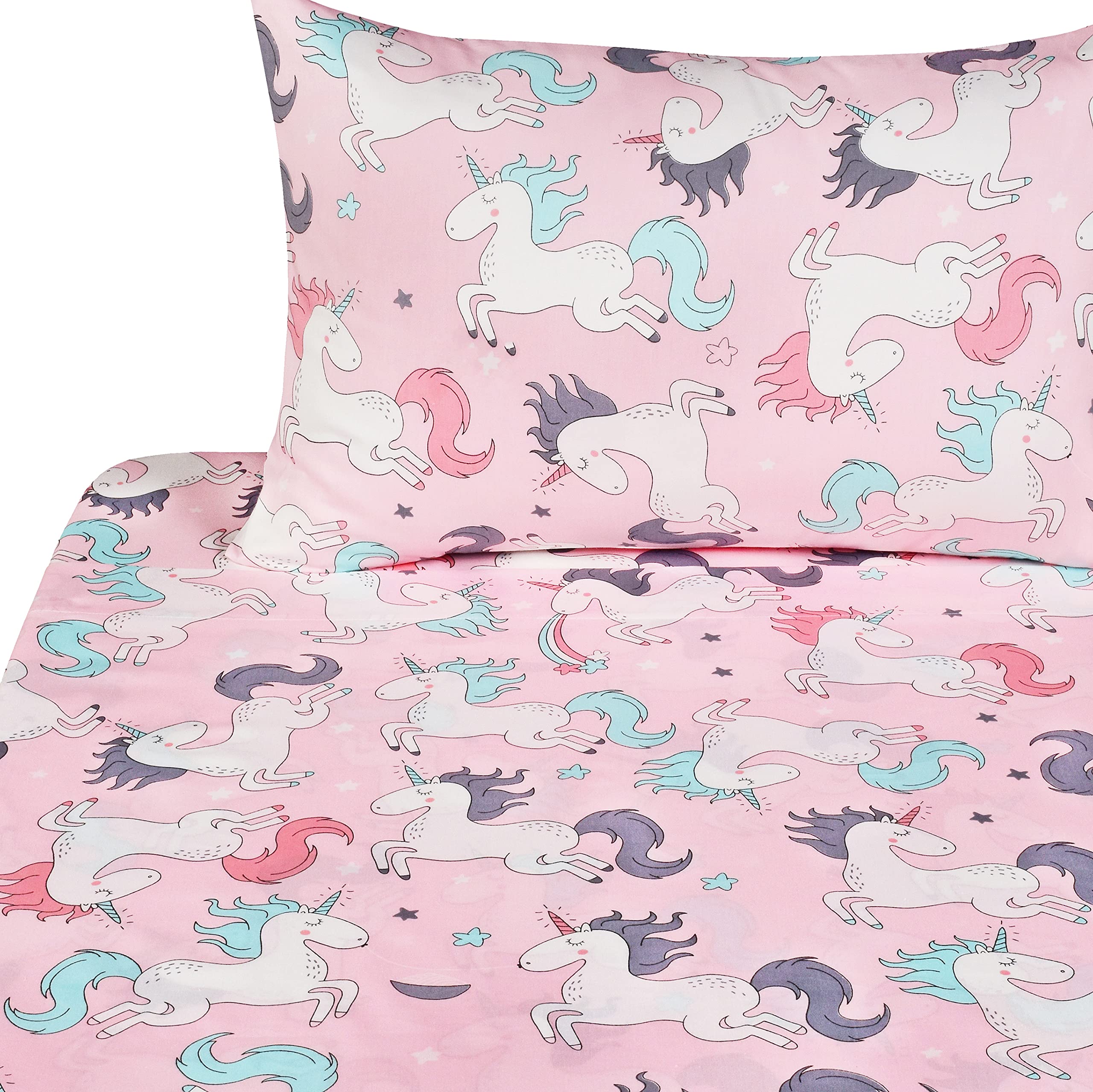 J-pinno Juego de sábanas para niñas y niños, 100 % algodón, sábana encimera, sábana bajera y funda de almohada, diseño de unicornio rosa