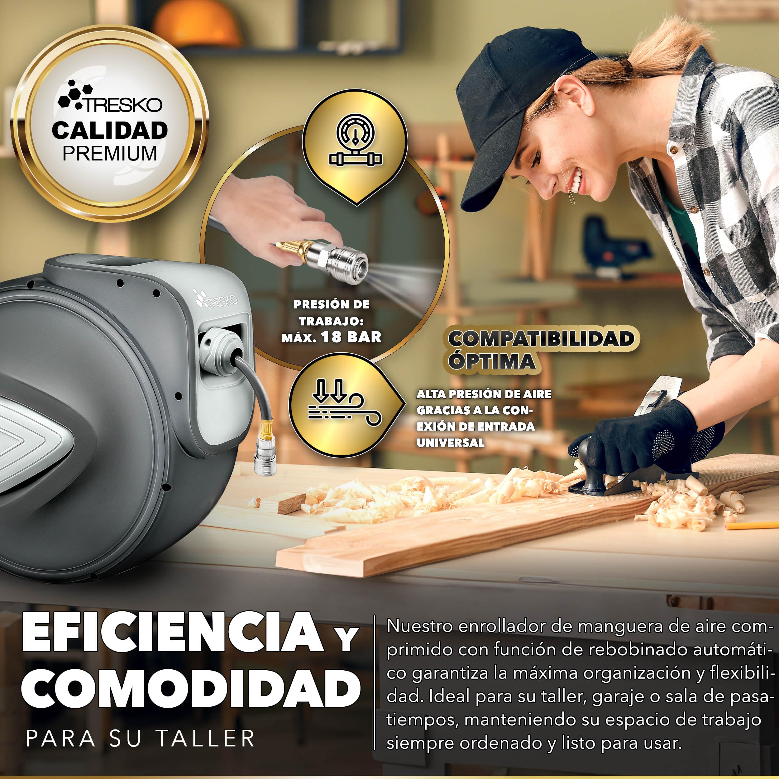 TRESKO® Carrete de Manguera de Aire Comprimido de 30 m | Conector de 1/4" | Enrollador de Manguera Automático | con Soporte para Pared | Rotación de 180° | Tope Final Ajustable, Gris