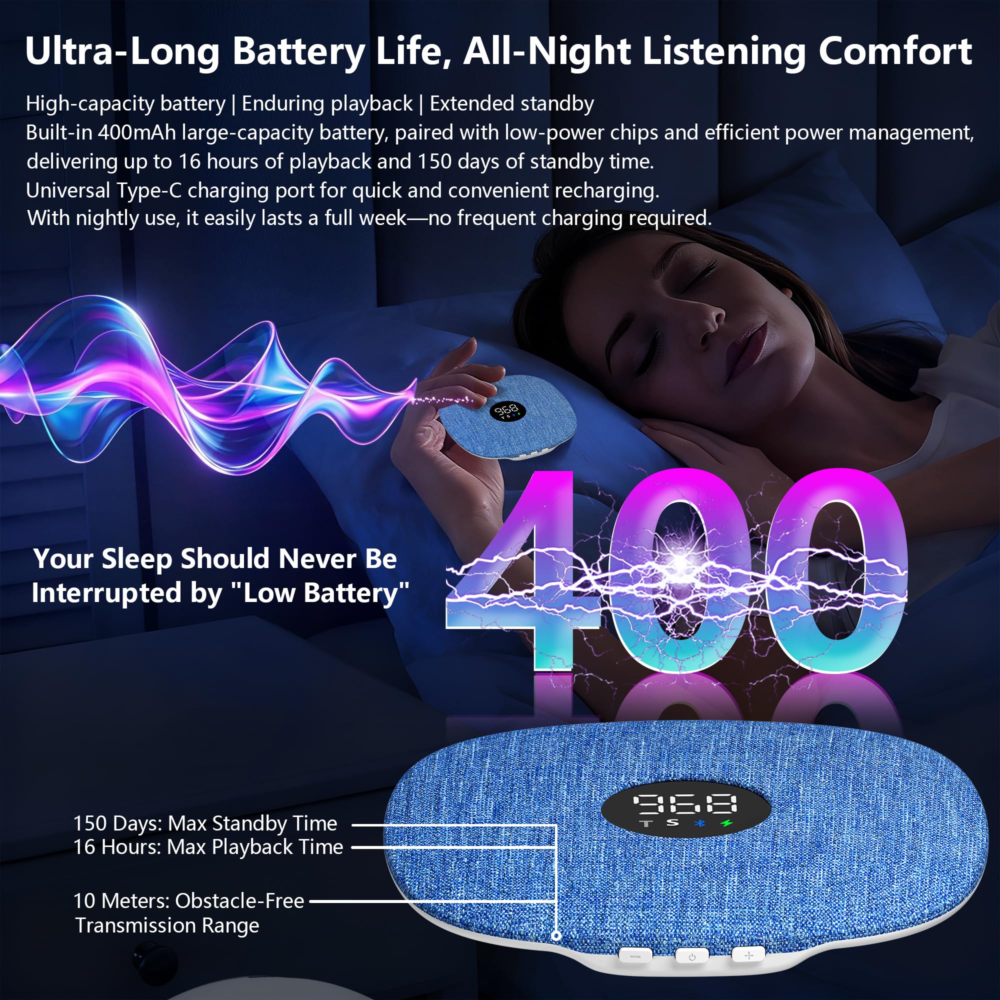 Mhaohuofu Under Pillow Speaker for Sleeping, Dual Bone Conduction Bluetooth Pillow Speaker with LED Display, Two Playback Modes, Timer Adjustment, 16 Hours Battery Life for Sleep Aid (Blue) — view 7