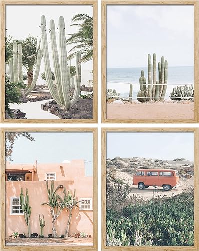 SIGNWIN Arte de pared enmarcado de cactus, desierto de cactus, juego de 4 impresiones de decoración de pared de desierto de cactus, decoración de
