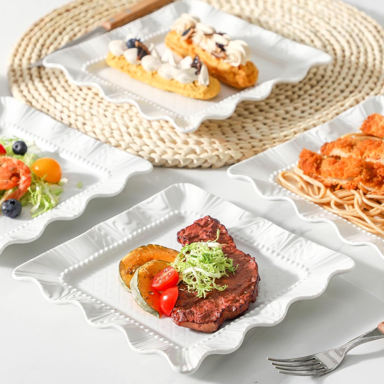 Neaylfe 8 inch Ceramic Dessert Salad Plates, Set of 8, Embossed Square Dinner Plates, Kitchen Porcelain Dish, Ceramic Flat Plates for Appetizer, Pancakes, Dishwasher & Microwave Safe