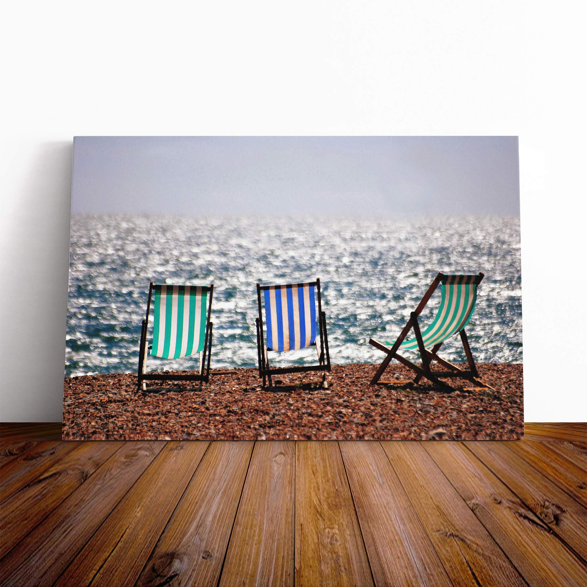 Landscape Brighton Beach Deckchairs Canvas Print | Gallery Wrapped 30mm Frame Wall Art | 20x14 inches | Ready to Hang | Modern Seascape Picture | Living Room Bedroom Lounge Office