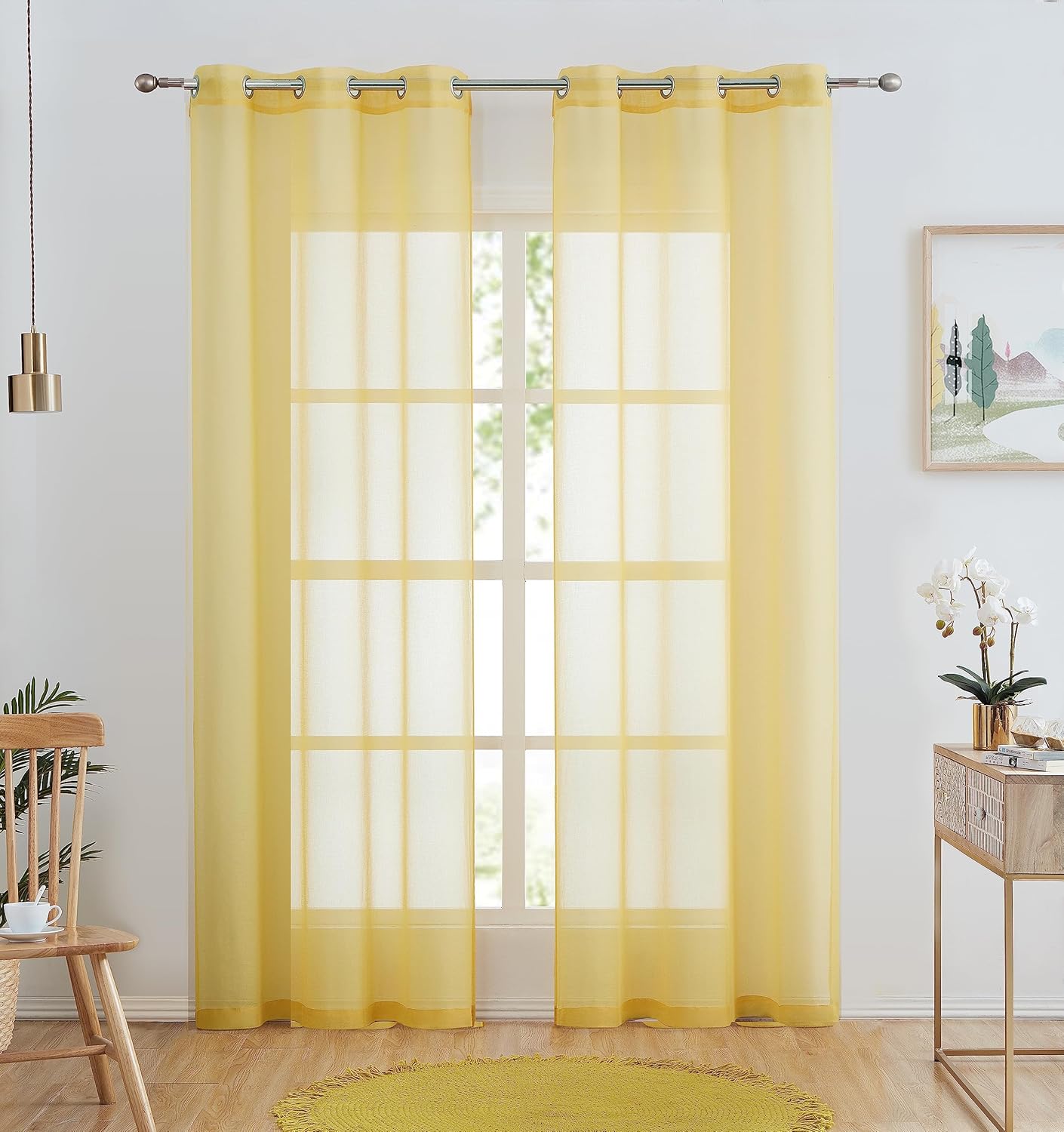 July Joy Yellow Semi Linen Look Sheer Curtains for Bedroom