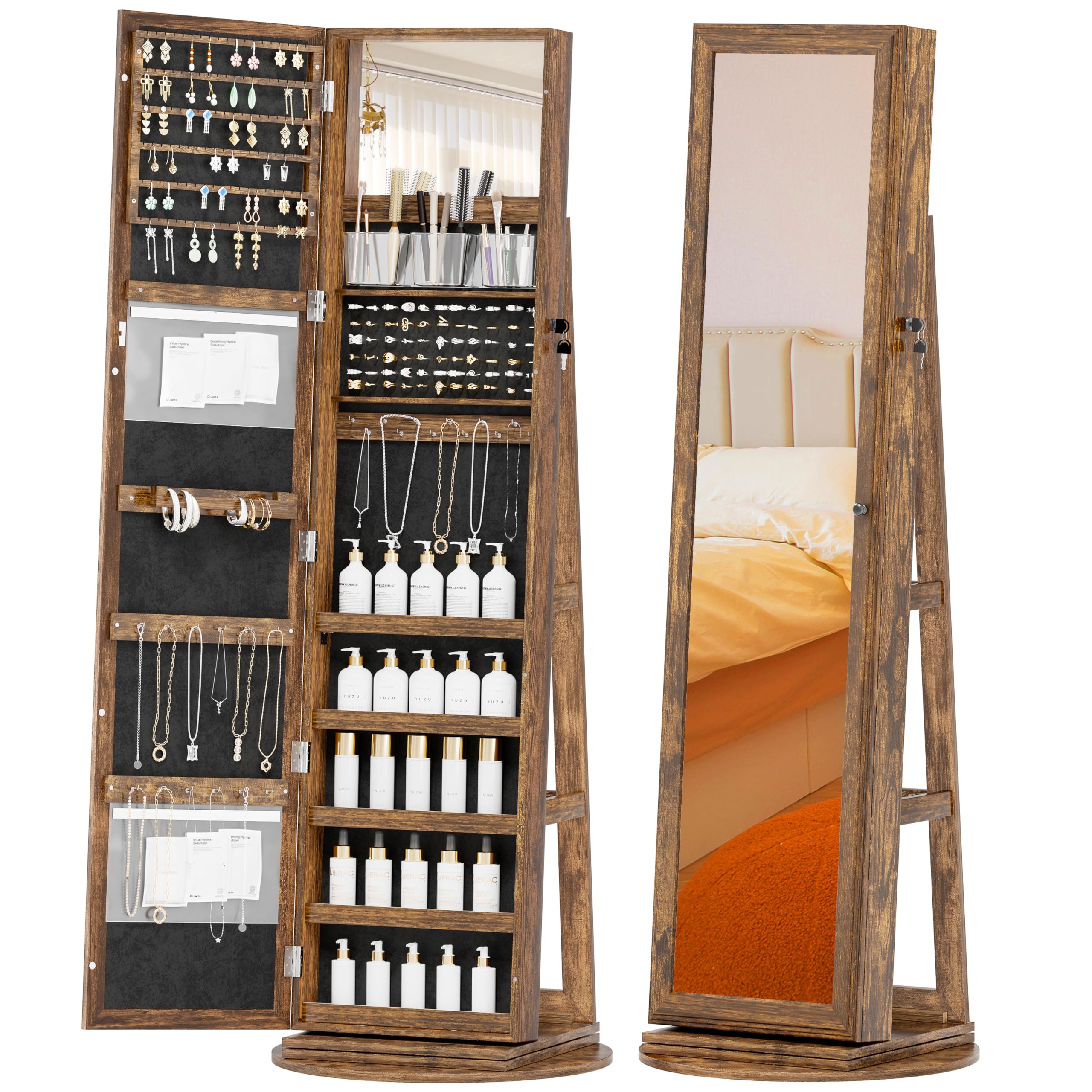 Jewelry Armoire Cabinet Standing, Full Length Mirror with Storage, Lockable Jewelry Organizer for Women Girl, Brown