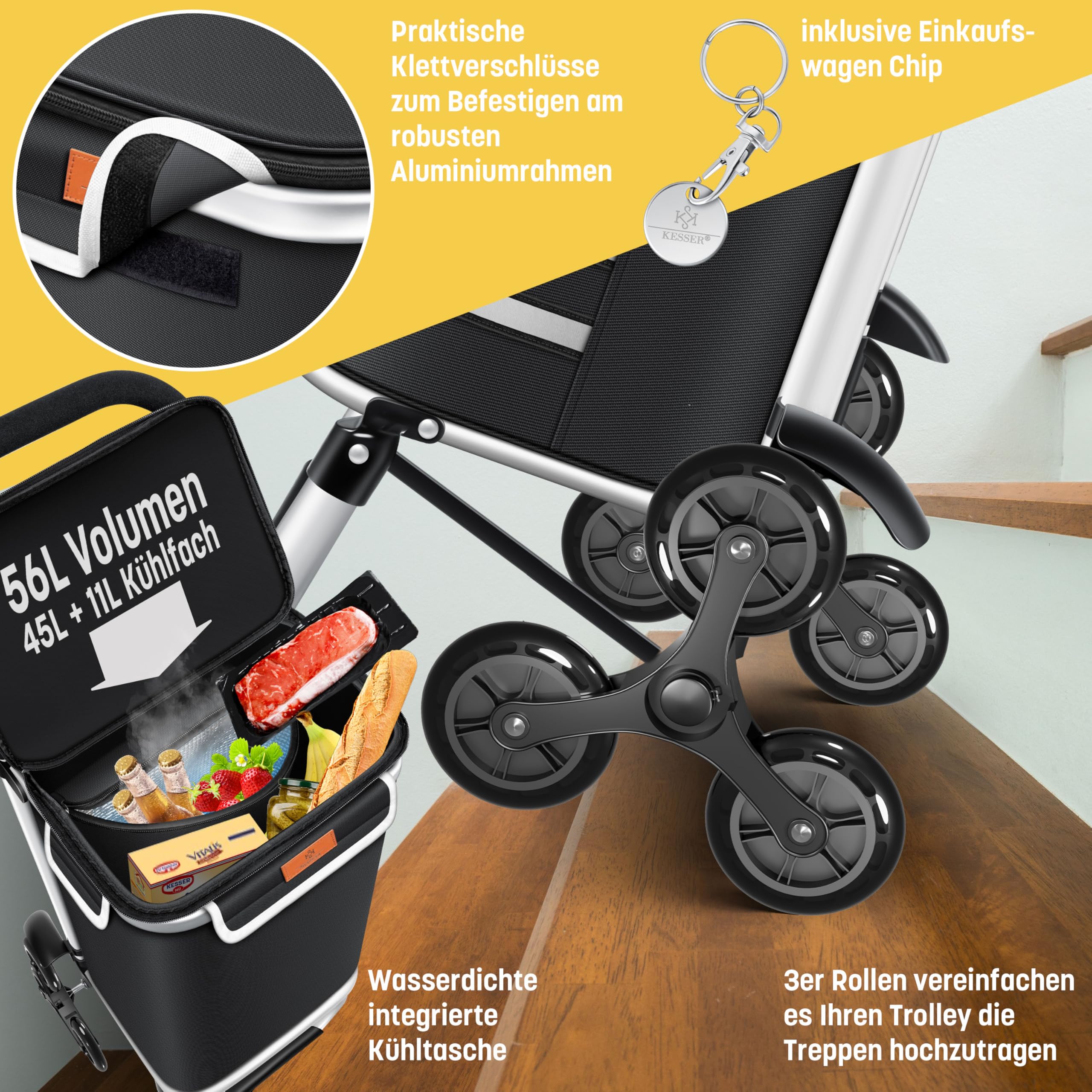 KESSER® Einkaufstrolley Treppensteiger mit Kühlfach klappbar mit 56L Kapazität und belastbar bis 50kg | 3in1 Trolley Sackkarre & Umhängetasche | Faltbarer Einkaufswagen inkl. Einkaufschip, Schwarz