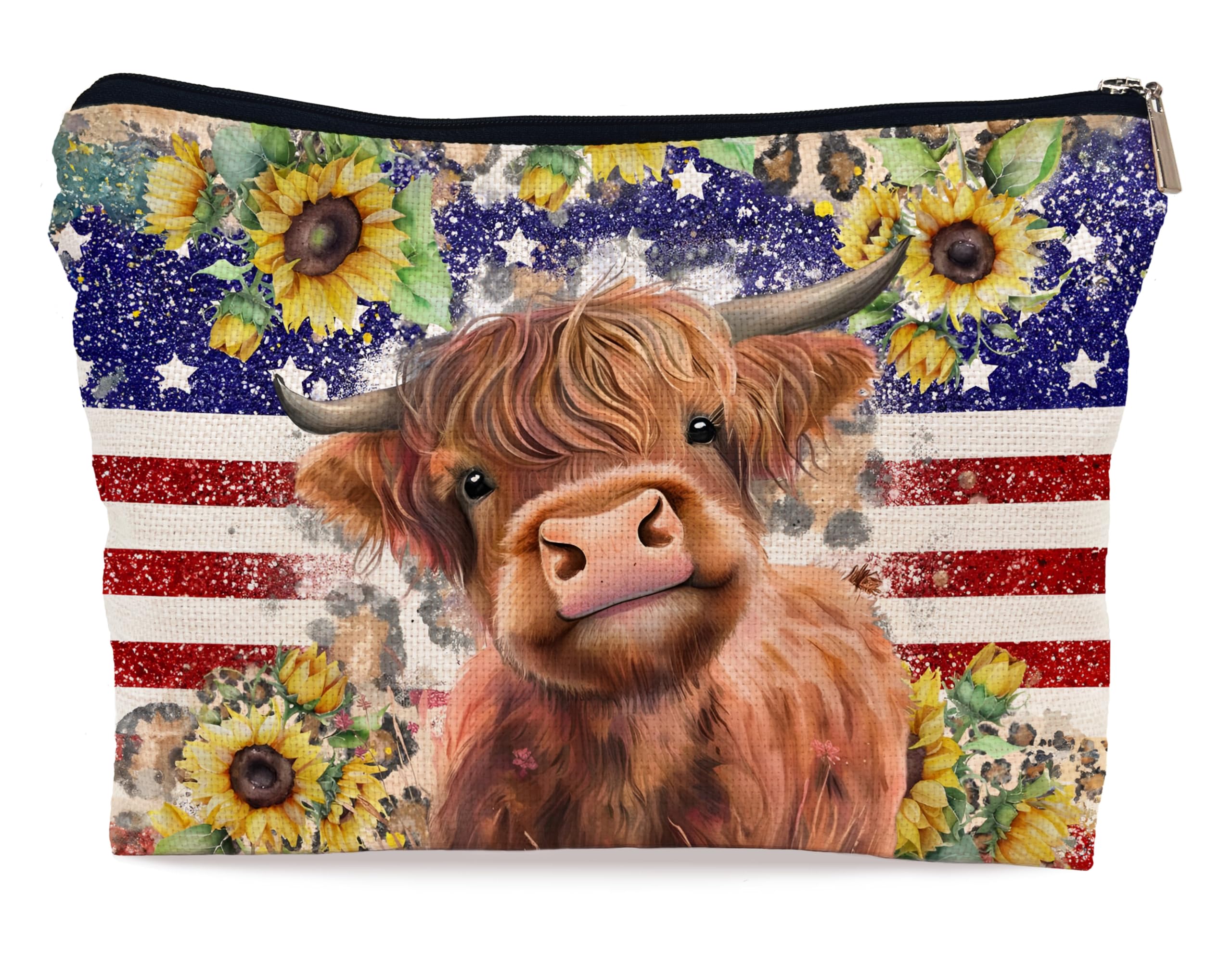 Ayxvt 4th of July Patriotic Highland Cow Makeup Bag - Independence Day Decor Zipper Bags, Summer Sunflower Floral Gifts