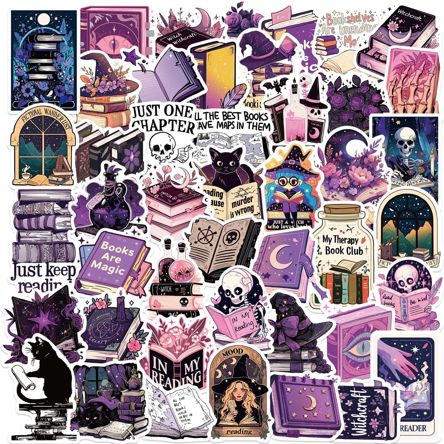 50 PCS Witch Stickers, Purple Witchy Sticker Self-Adhesive Cartoon Magic Witch Gothic Stickers, Funny Vintage Waterproof Reading Sticker for DIY Scrapbook, Laptop, Planner, Journal
