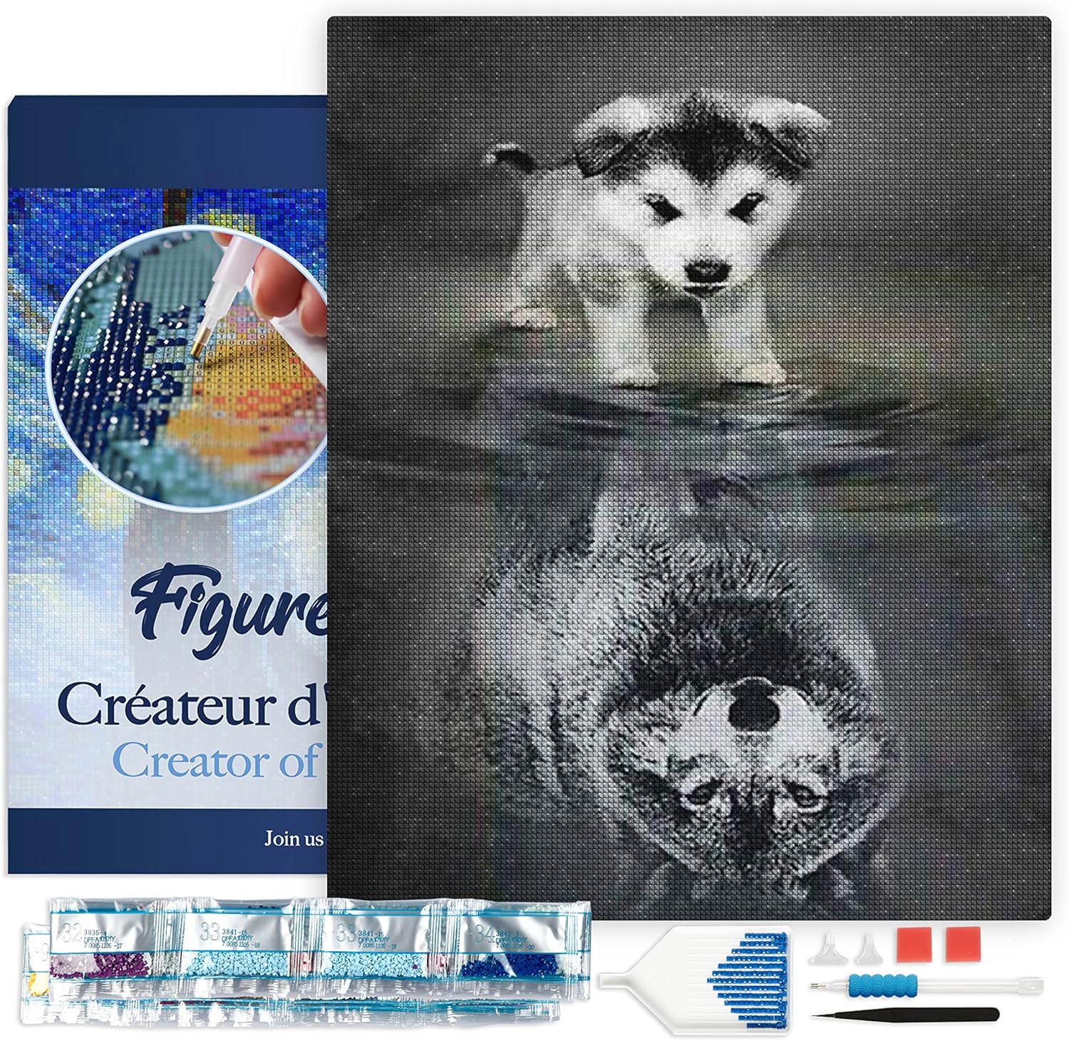 Figured’Art Diamond Painting Art kit for Adults 16"x20" with Frame Full Square Drill 5D Dog and Wolf Reflection Complete DIY - Already Framed Canvas