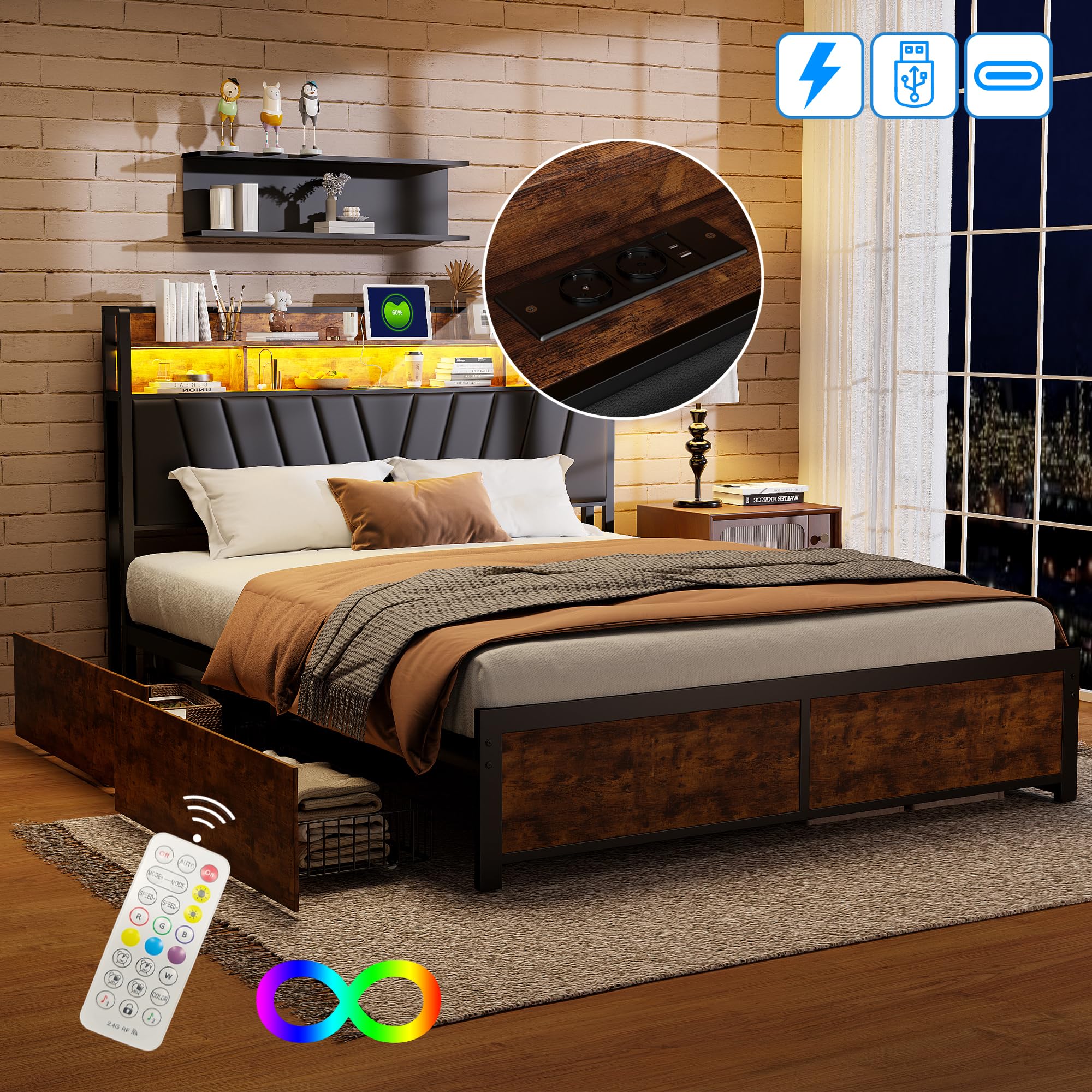 Cama tapizada de metal de 180 x 200 cm, marco de cama con cuatro cajones e iluminación LED, marco de cama doble de metal con somier, cama juvenil para dormitorio, habitación de invitados, sin colchón,