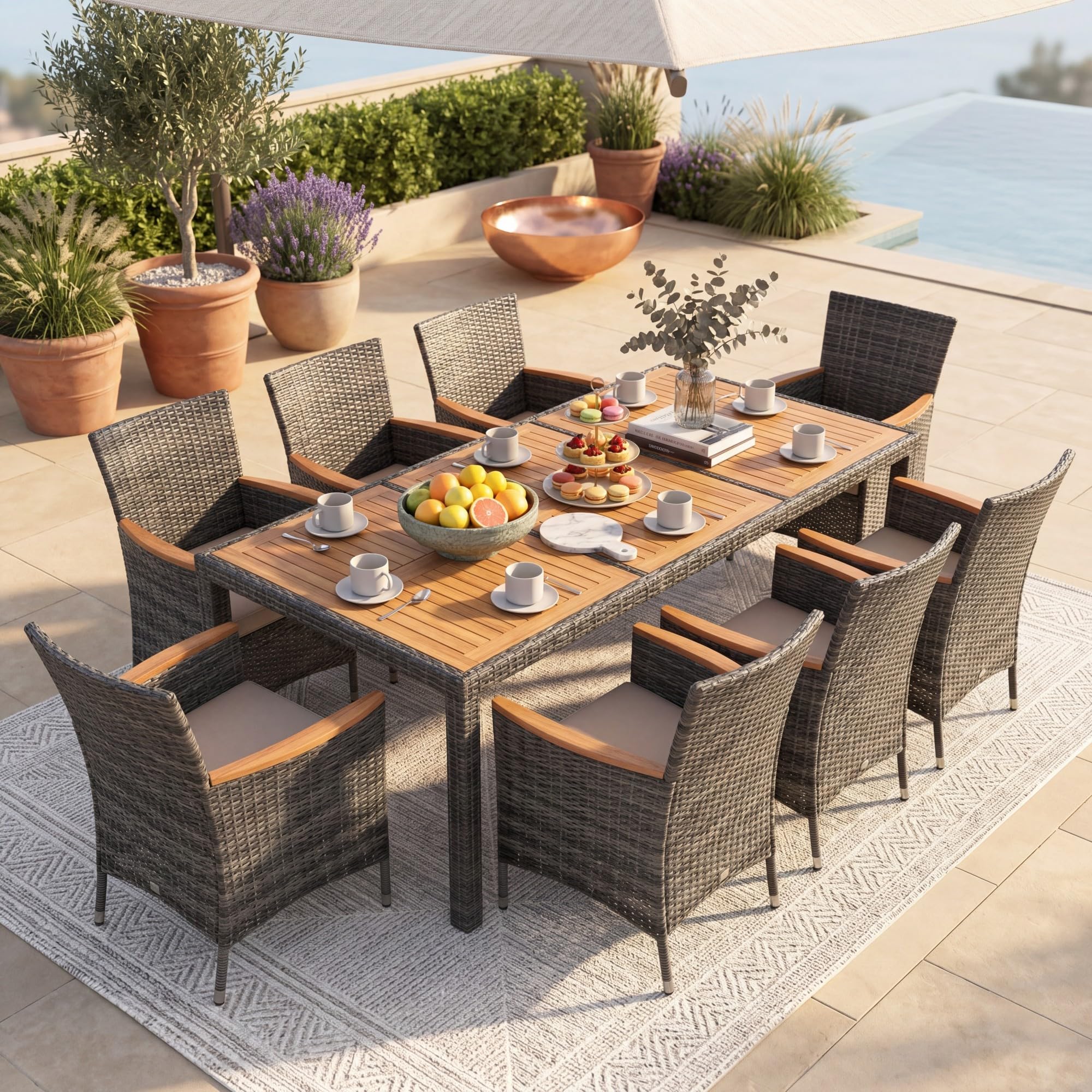 GIANTEX Set di mobili da giardino 9 pezzi, tavolo e sedie in rattan, grigio