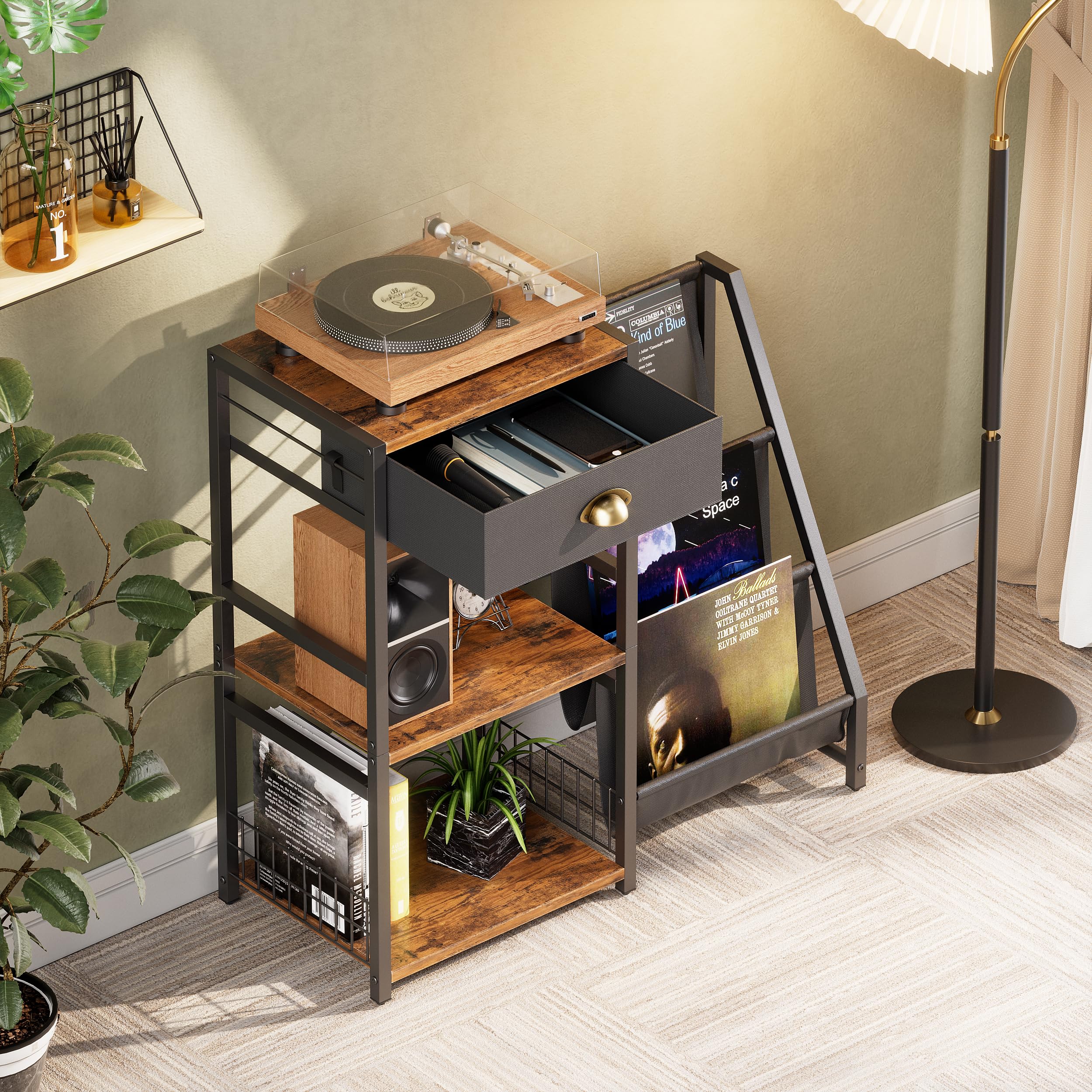 Support pour tourne-disque à 3 étages - Table d'appoint vintage avec tiroir - Support de disques vinyle en bois - Étagère avec étagère d'affichage à 3 niveaux - 86 x 30 x 75 cm