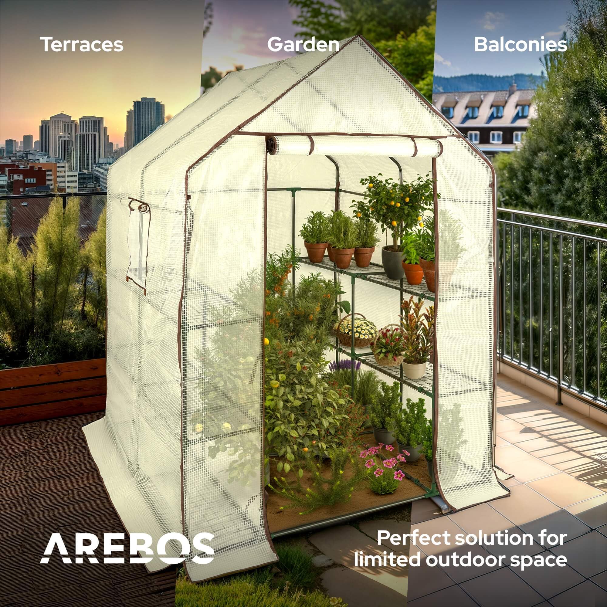 Arebos Szklarniafoliowa Premium z 3 poziomami - 143 x 143 x 195 cm z półkami i oknem wentylacyjnym - oszczędzająca miejsce