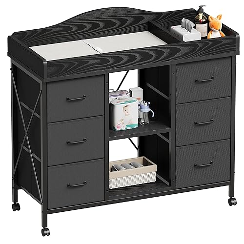 Cambiador, cómoda de bebé de 6 cajones con cambiador, estación y almohadilla para cambiar pañales impermeable, 2 estantes de almacenamiento abiertos