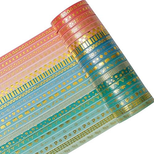 Miniatura 5 de YUBX Juego de 80 rollos de cinta washi delgada dorada con impresión básica de papel de aluminio, cintas adhesivas decorativas para artes,