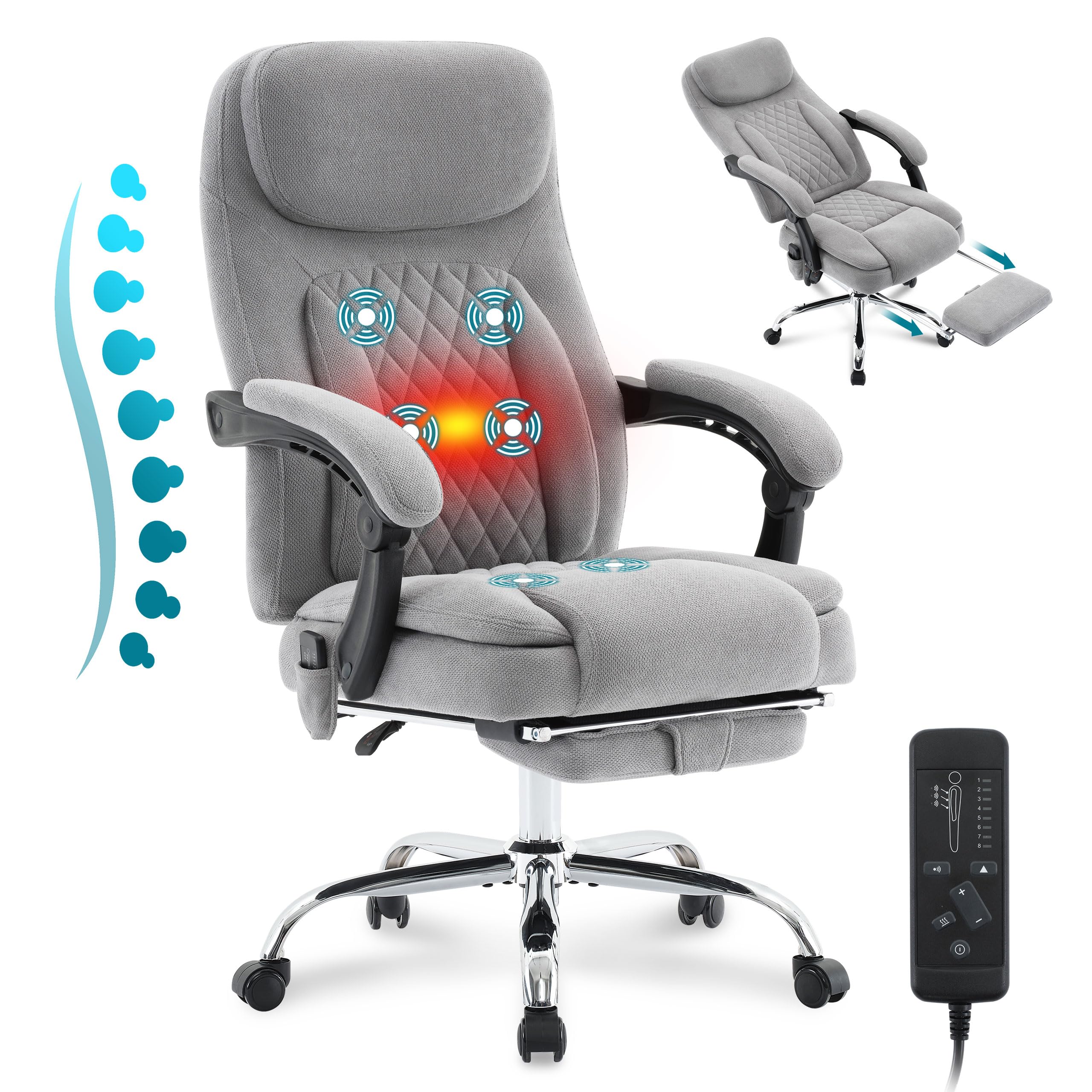 6-Point Massage Office Chair with Heated, Ergonomic Desk Chairs with Footrest & 135°Reclining High Back, Big and Tall Executive Offices Chair 500LBS, Thick Cushion Gaming Chair for Home Office, Grey