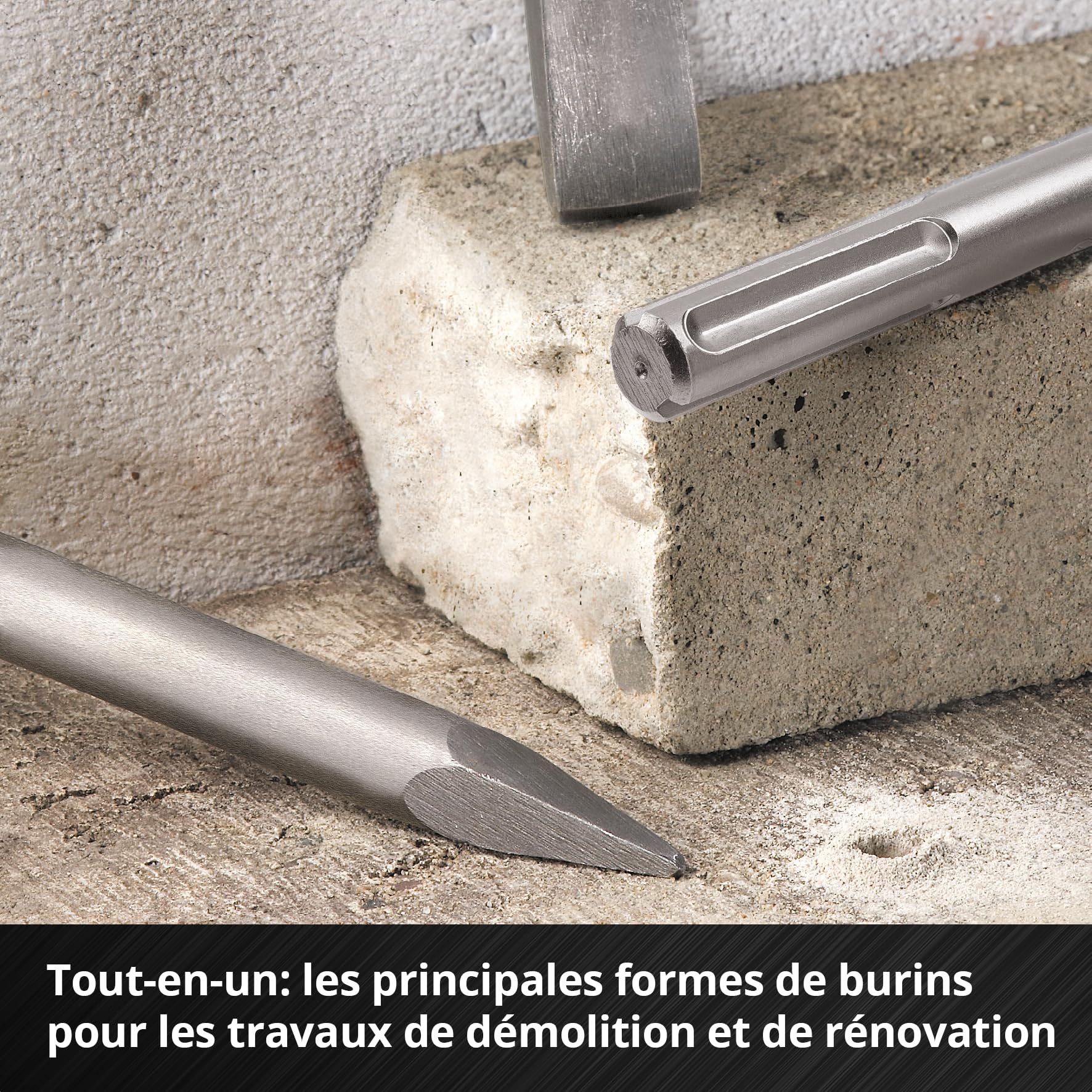 Original Einhell Set de 3 burins SDS Max, 400 mm (burin pointu, burin plat de 25 mm de large, burin bêche de 40 mm de large en acier 40Cr durable pour les travaux de démolition et de rénovation)