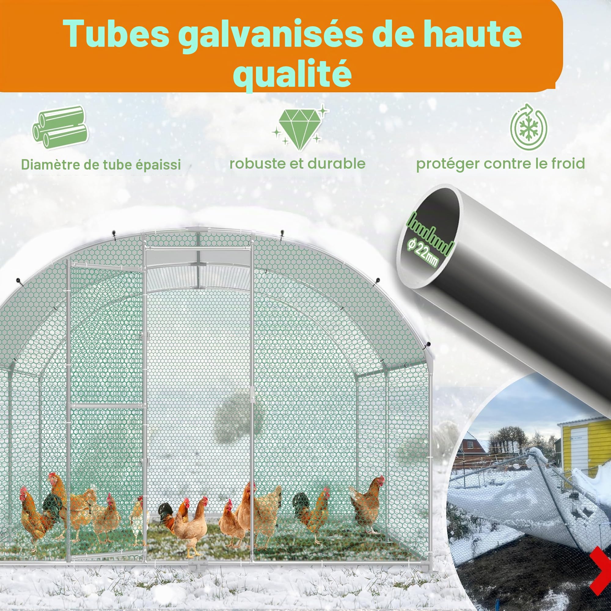 HENGMEI Poulailler 300 x 200 x 200 cm Enclos d'extérieur pour petits animaux en acier galvanisé Cage pour poules avec toit en polyéthylène Extérieur Enclos libre avec serrure