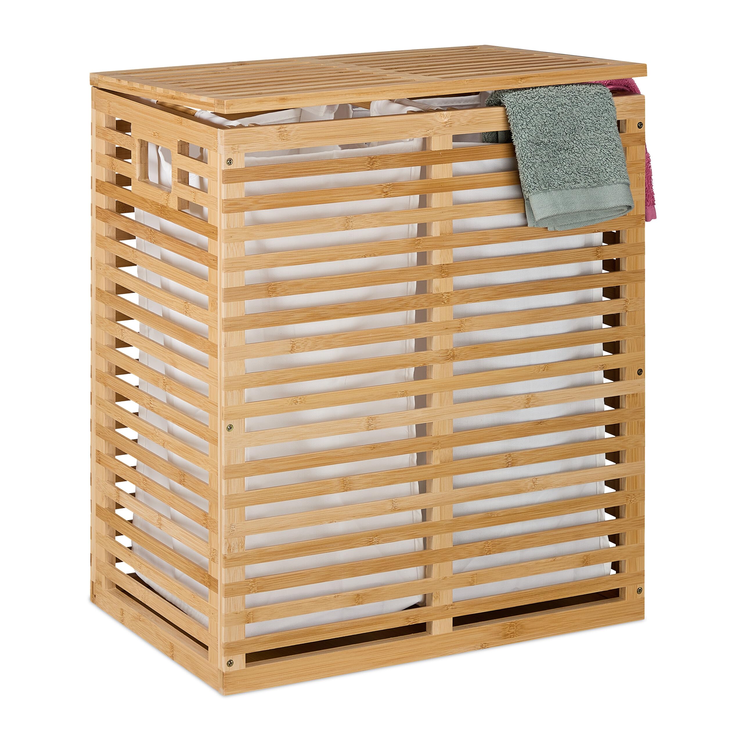Relaxdays Wäschekorb mit Deckel, 2 herausnehmbare Säcke, je 44 l, HBT: 61x53x35 cm, Wäschesammler Bambus, Natur/beige