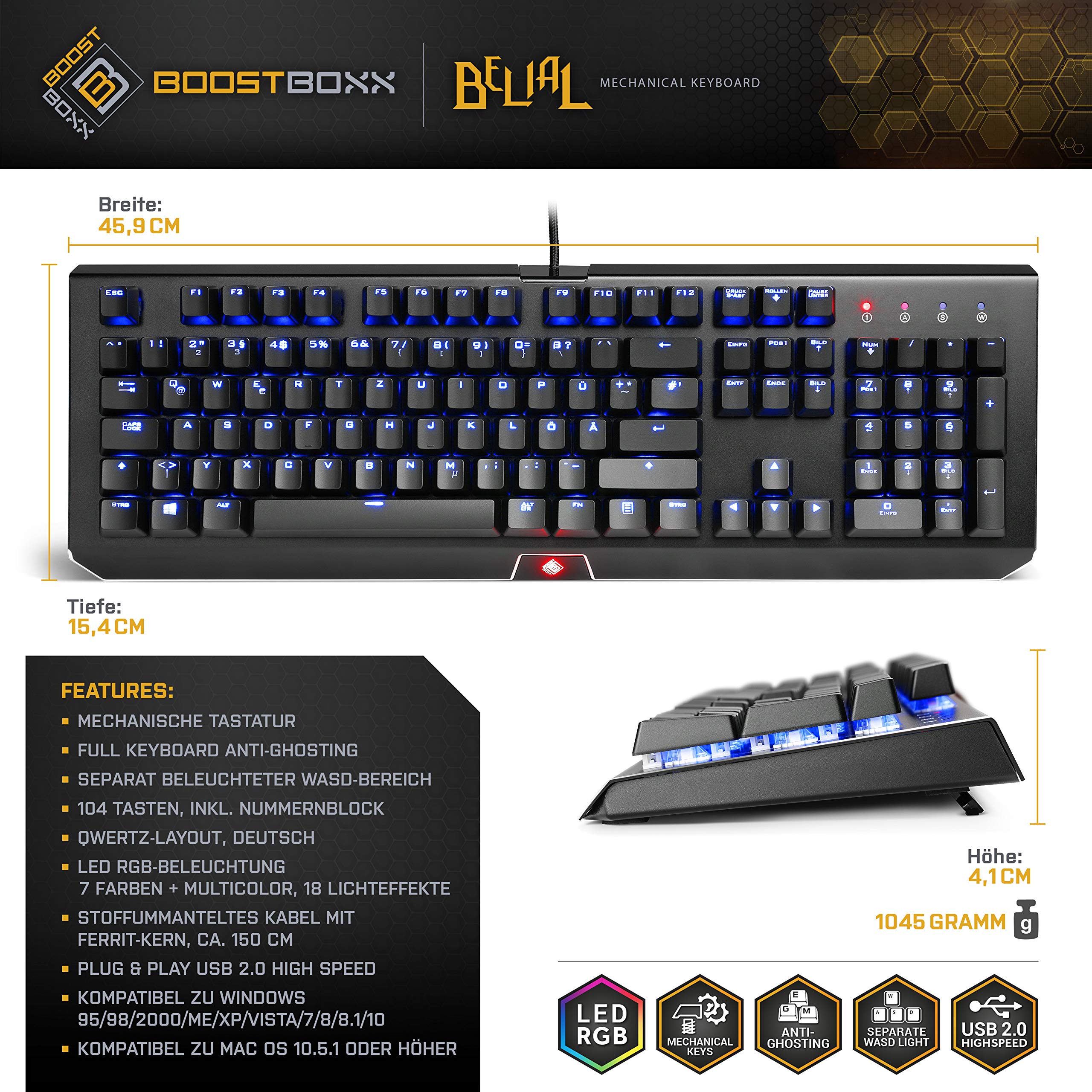 BoostBoxx Belial - mechanische Gaming-Tastatur mit LED-Beleuchtung | RGB | schwarz | QWERTZ-Tastenlayout | Anti-Ghosting