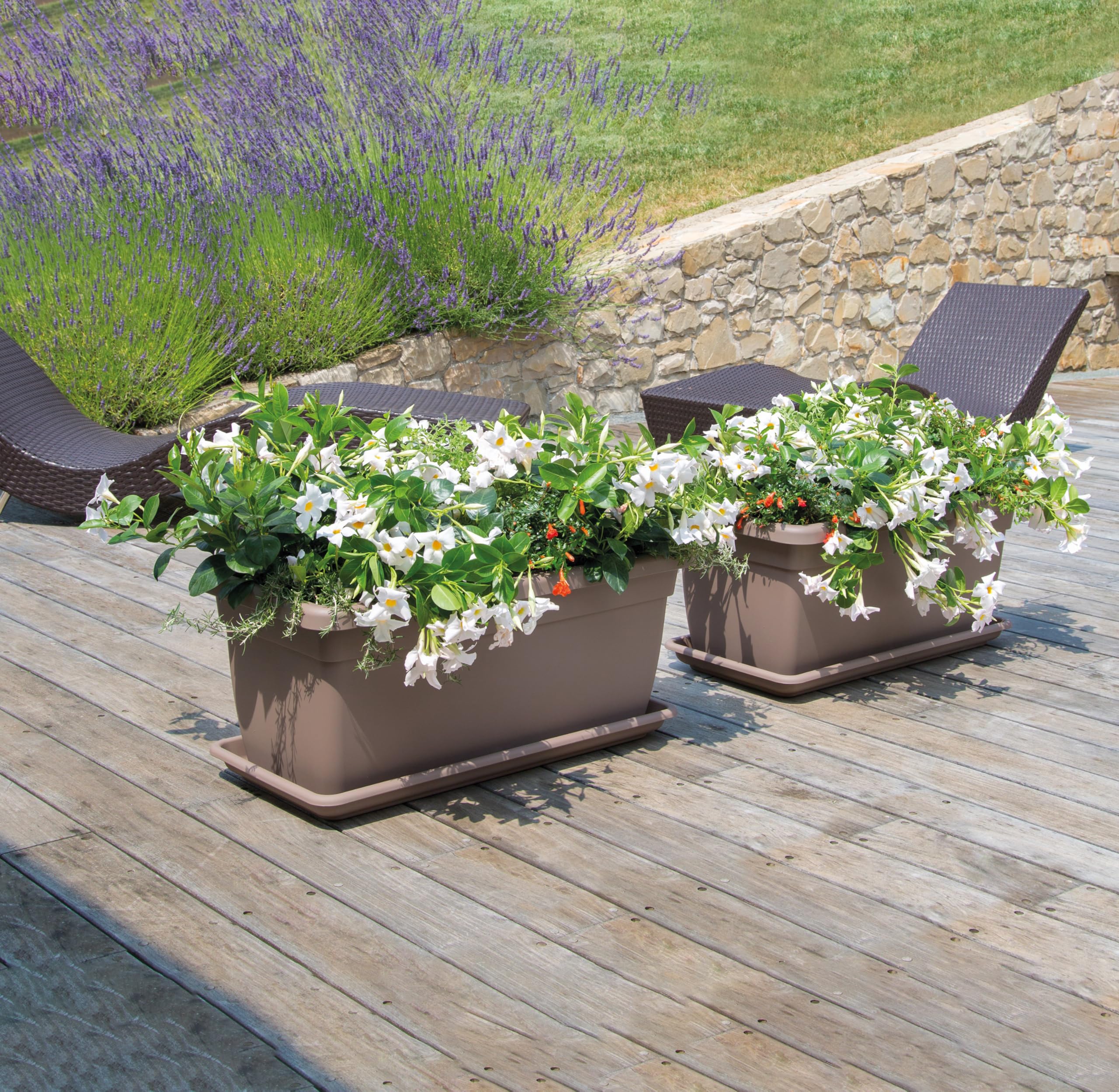 Nicoli vaso fioriera da esterno 80 cm 100 cm in polietilene, con sottovaso, per piante o fiori, vaso rettangolare per balcone, giardino, terrazzo, (Tortora, 100 cm 100x45x40)