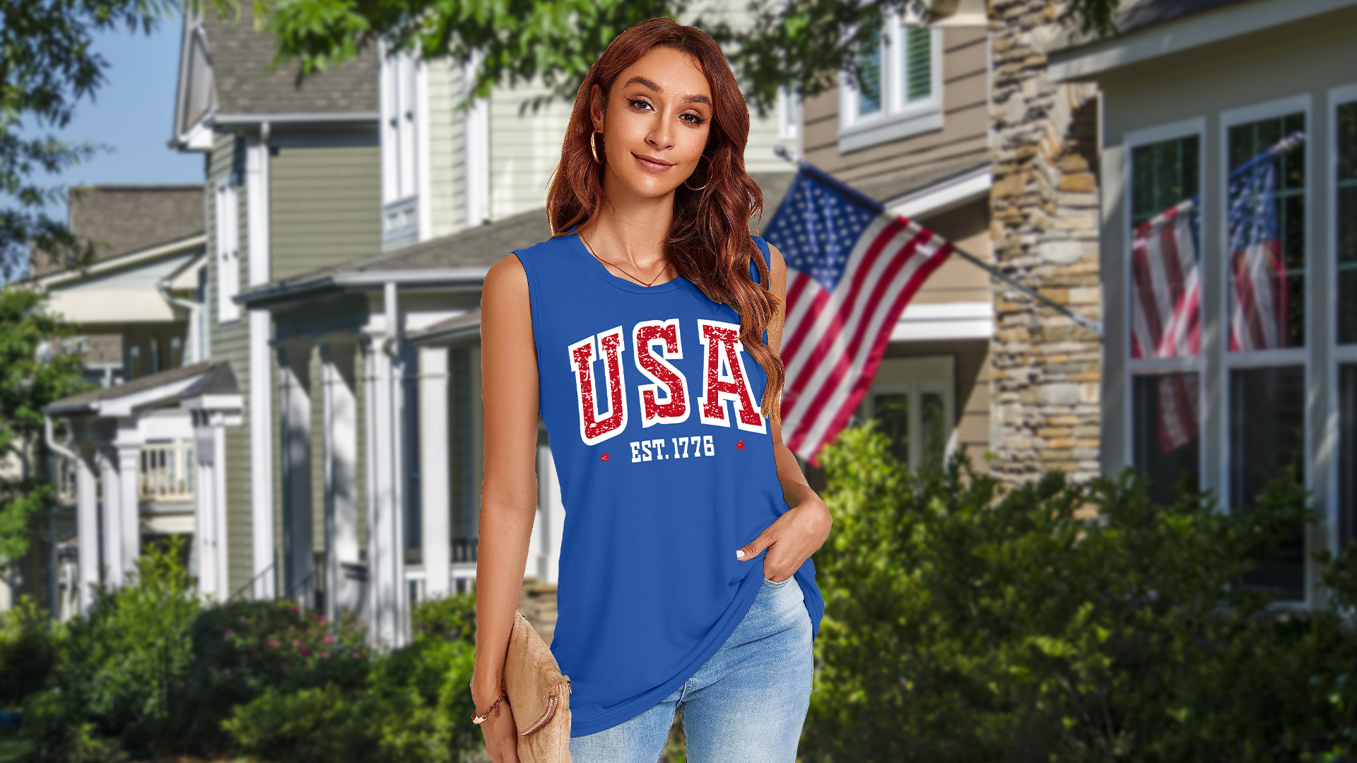 Women's 'We The People' Patriotic Tank Top - 4th Of July American Flag Sleeveless Shirt, Blue, Medium