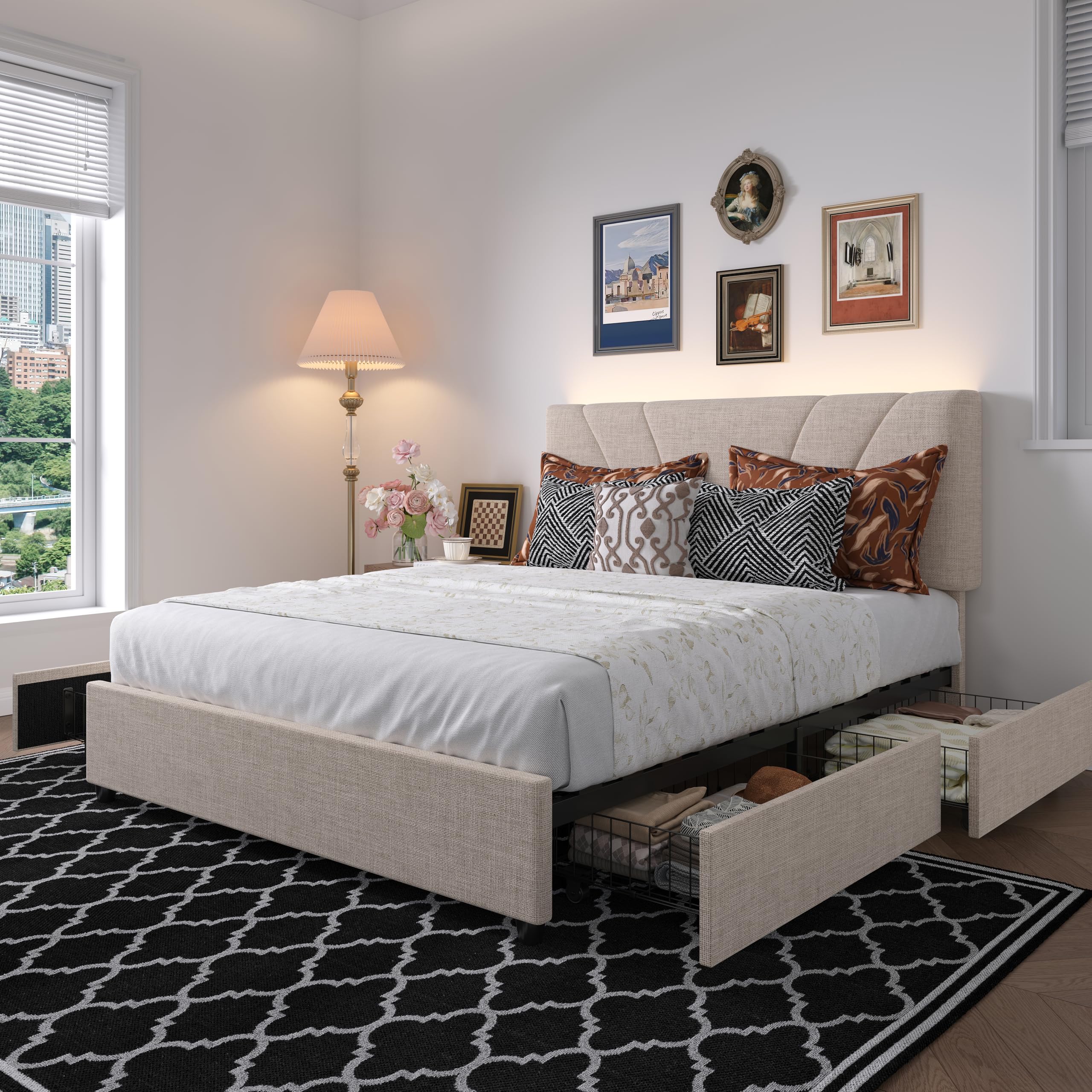 Photo 1 of *** PARTIAL SET/UNKNOWN MISSING PARTS AND HARDWARE***Novilla Queen Bed Frame with Drawers, Queen Bed Frame with Headboard, LED Bed Frame Queen Size, Charging Station and Adjustable Headboard Bed Frame Queen Size, No Box Spring Needed, Beige