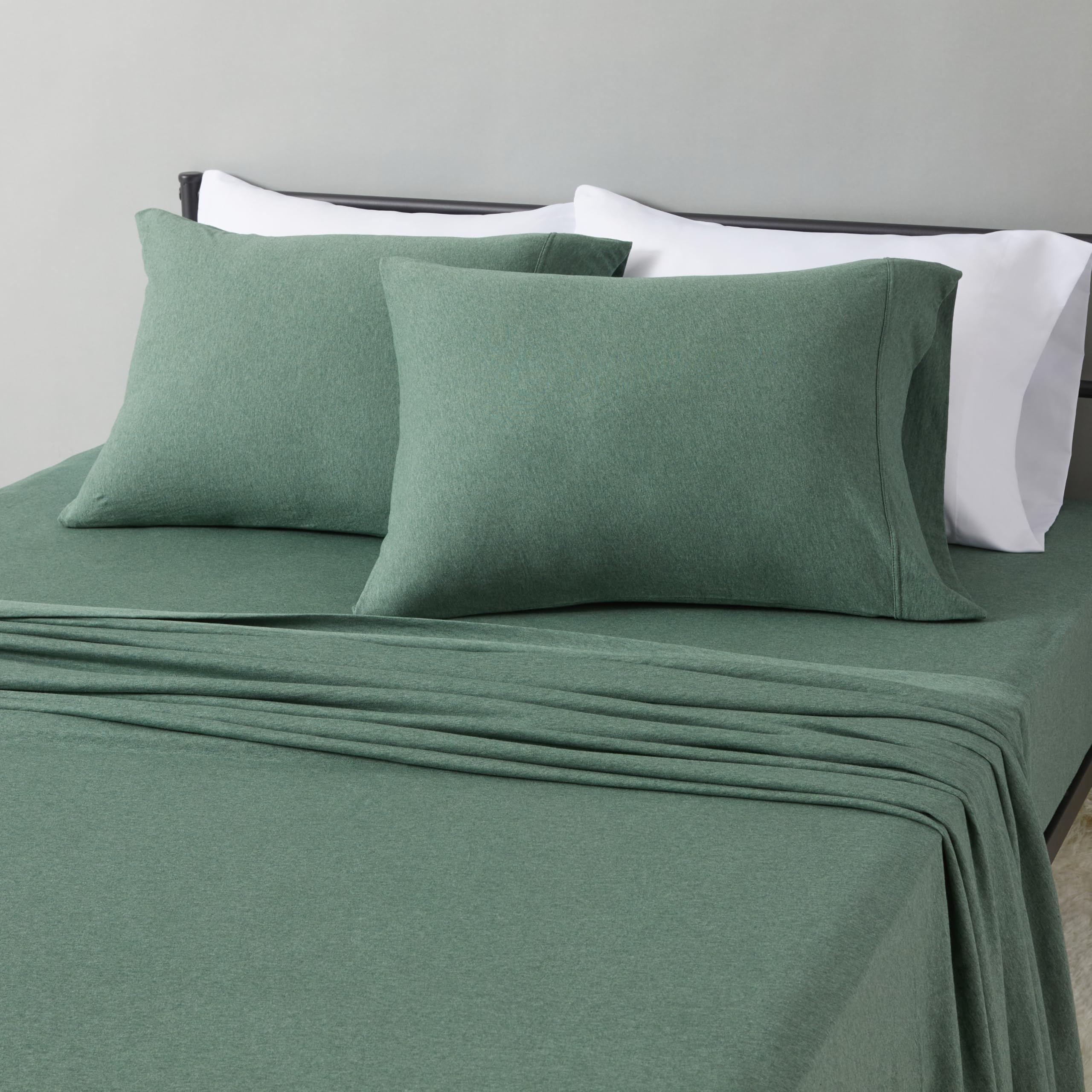Amazon Basics 100% Cotton Jersey Bed Sheet Set, Full Size, Breathable and Comfortable, Olive Melange, Solid, All-Season Use