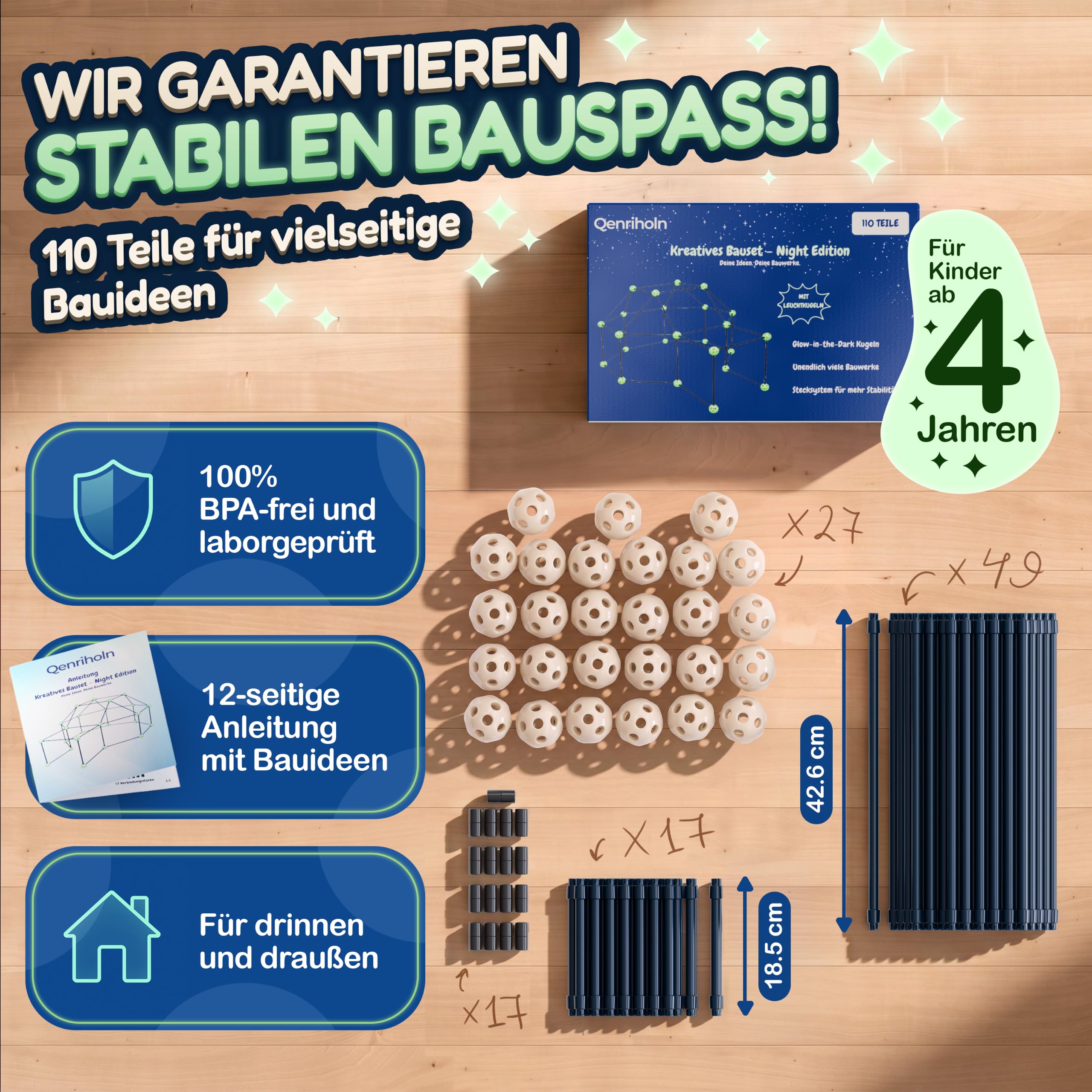 Stabiles Konstruktionsspielzeug für Kinder – mit Klicksystem, leuchtet im Dunkeln, Höhlenbau-Set mit Bauheldenurkunde, kreatives Bauspielzeug, DIY-Steckbaukasten, Gartenspielzeug, Indoor/Outdoor