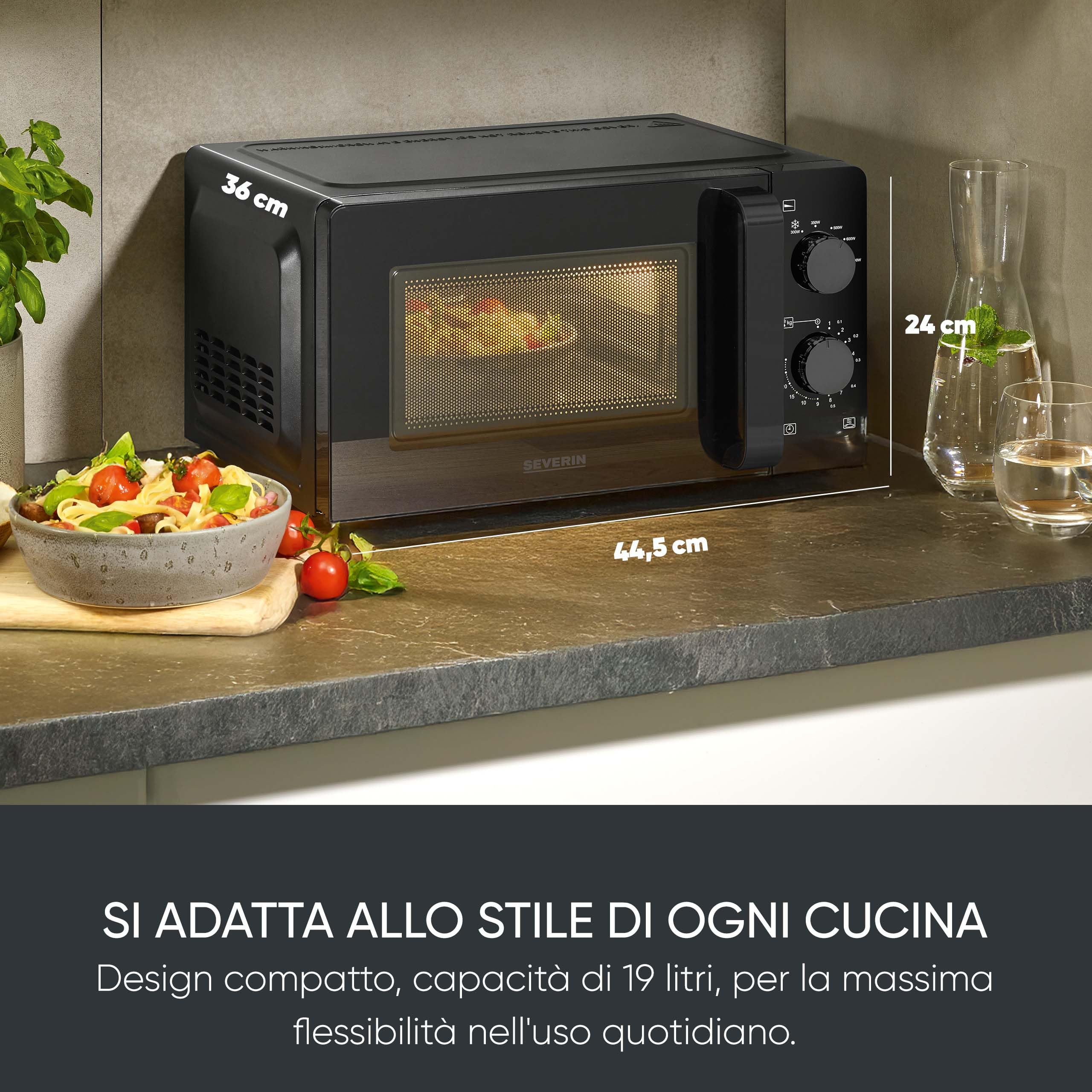 SEVERIN Forno a Microonde, 19 Litri, 700W, 6 Livelli di Potenza, 6 Programmi, Funzione Scongelamento, Timer, Libera Installazione, 44,5x36,0x24,0 cm, Nero/Inox - MW 9180