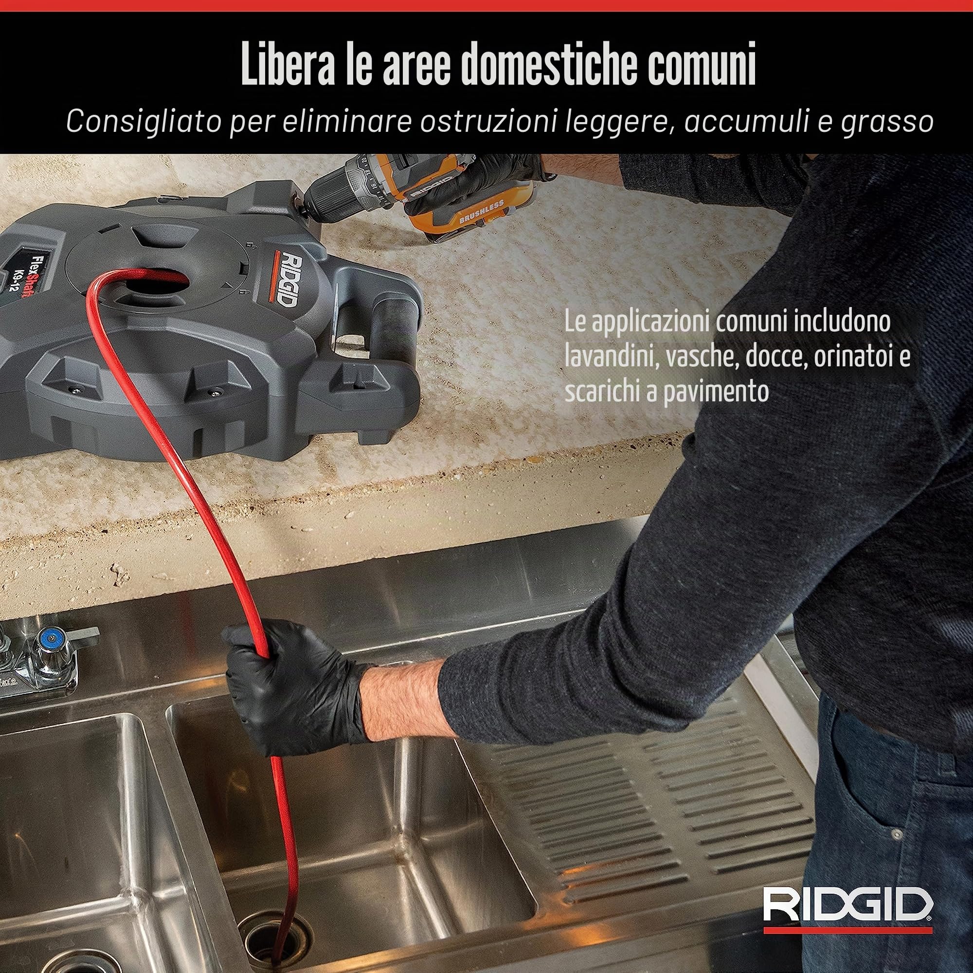 FlexShaft - Pulitore per scarico da parete a parete, 1/4" x 9 m, pulisce tubi da 1-1/4" a 2" fino a 2"
