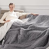 SafeWarmthTrustedComfort Heated Throw Blanket 50x60" Striped Flannel Sherpa, 5 Heat Levels, 4HR Auto-Off, ETL/FCC Safe, Machine Washable - Light Grey