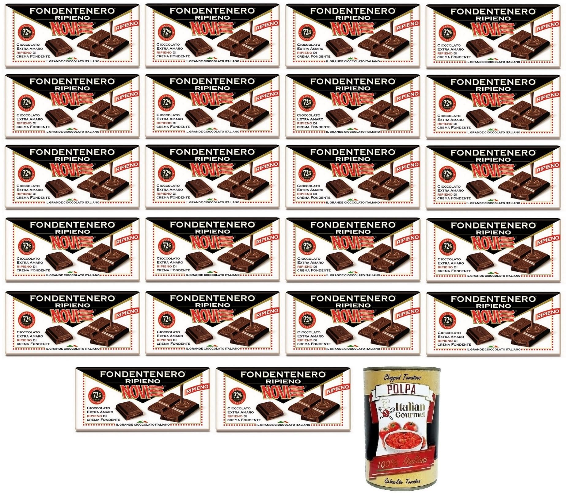 22 x Novi Fondentenero Ripieno, chocolate extremadamente amargo relleno con crema oscura, 72% cacao, 105 g + lata italiana gourmet Polpa di Pomodoro de 400 g