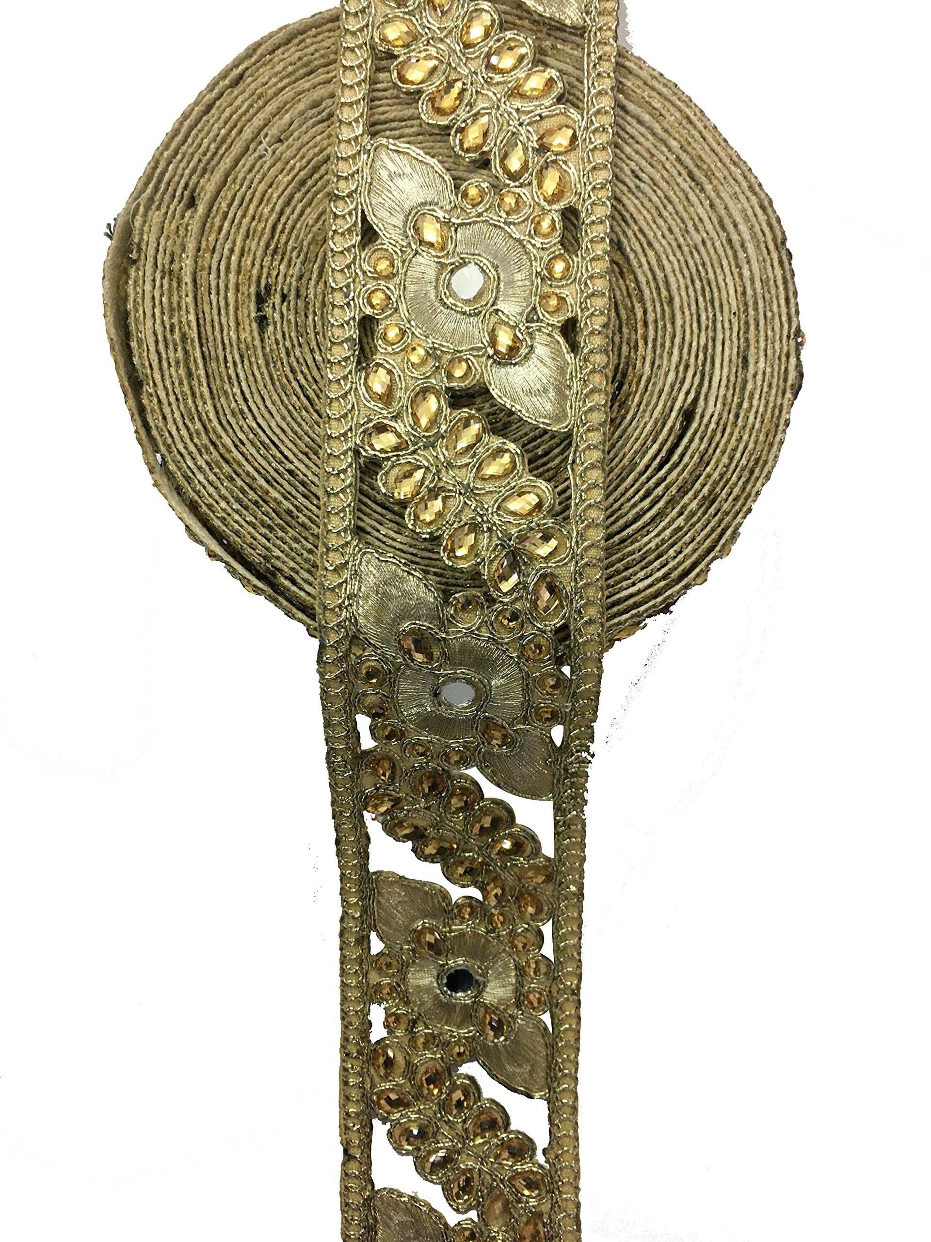 Shraddha Fashion 9 Meter 55cm Gold Color Zari Embroidery Ribbon Lace Trim with Stone for Saree, Dupatta, Lahenga, Home Decor and Gopal Laddu Dress