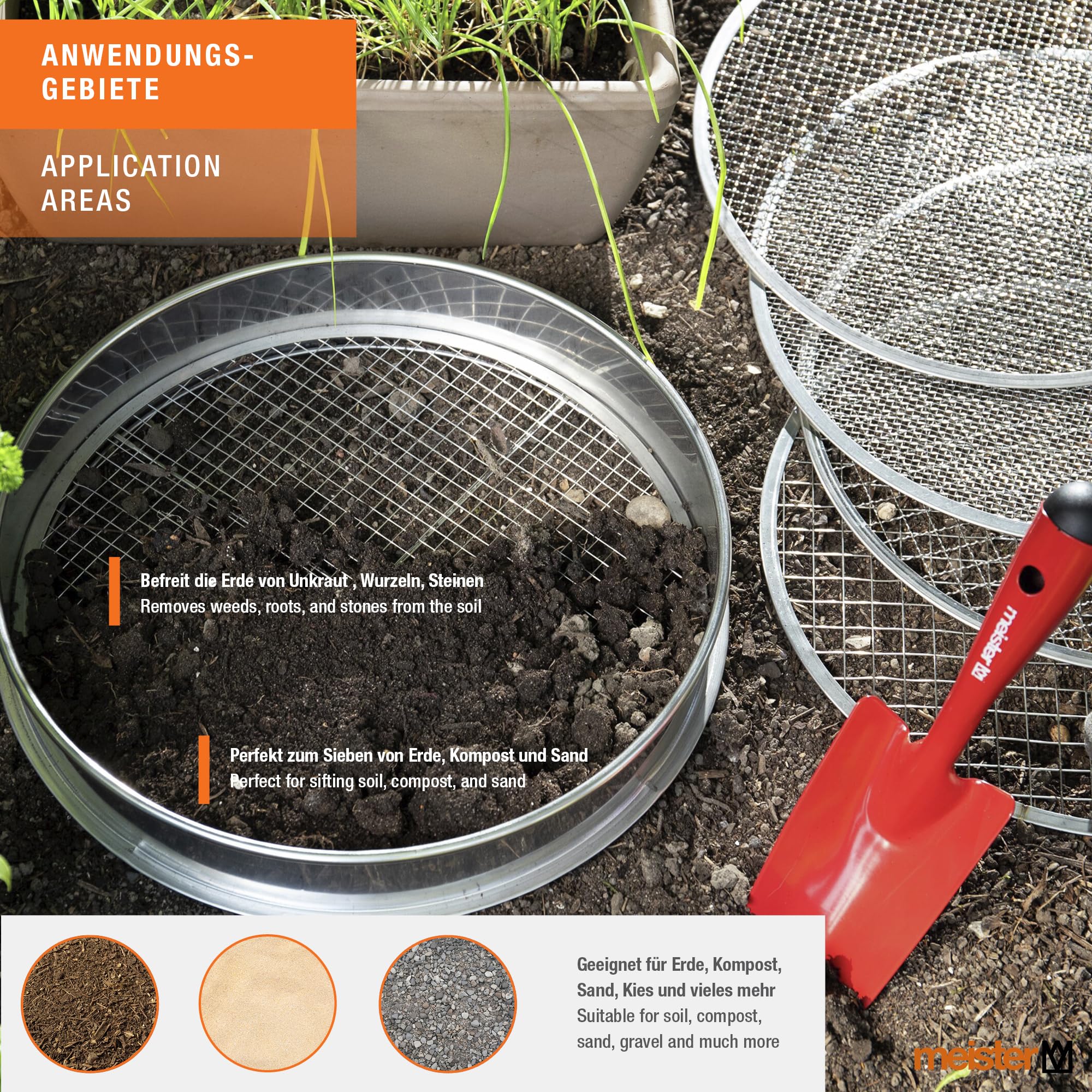 Meister Kompostsieb 5 in 1 – Gartensieb aus Edelstahl Ø 30 cm – 5 austauschbare Siebeinsätze in verschiedenen Korngrößen für Erde & Sand
