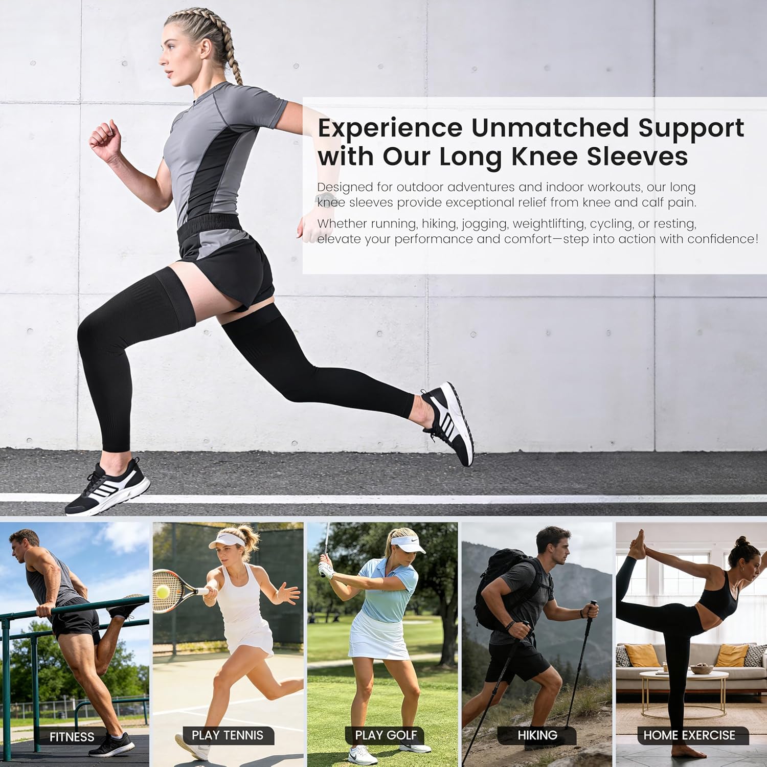 MGANG Full Leg Sleeves, Long Knee Brace for Basketball, Running, Meniscus Tear, ACL, Sport, Arthritis, Thigh & Calf Support for Men Women, Reduces Inflammation & Improves Circulation, All Black 2XL